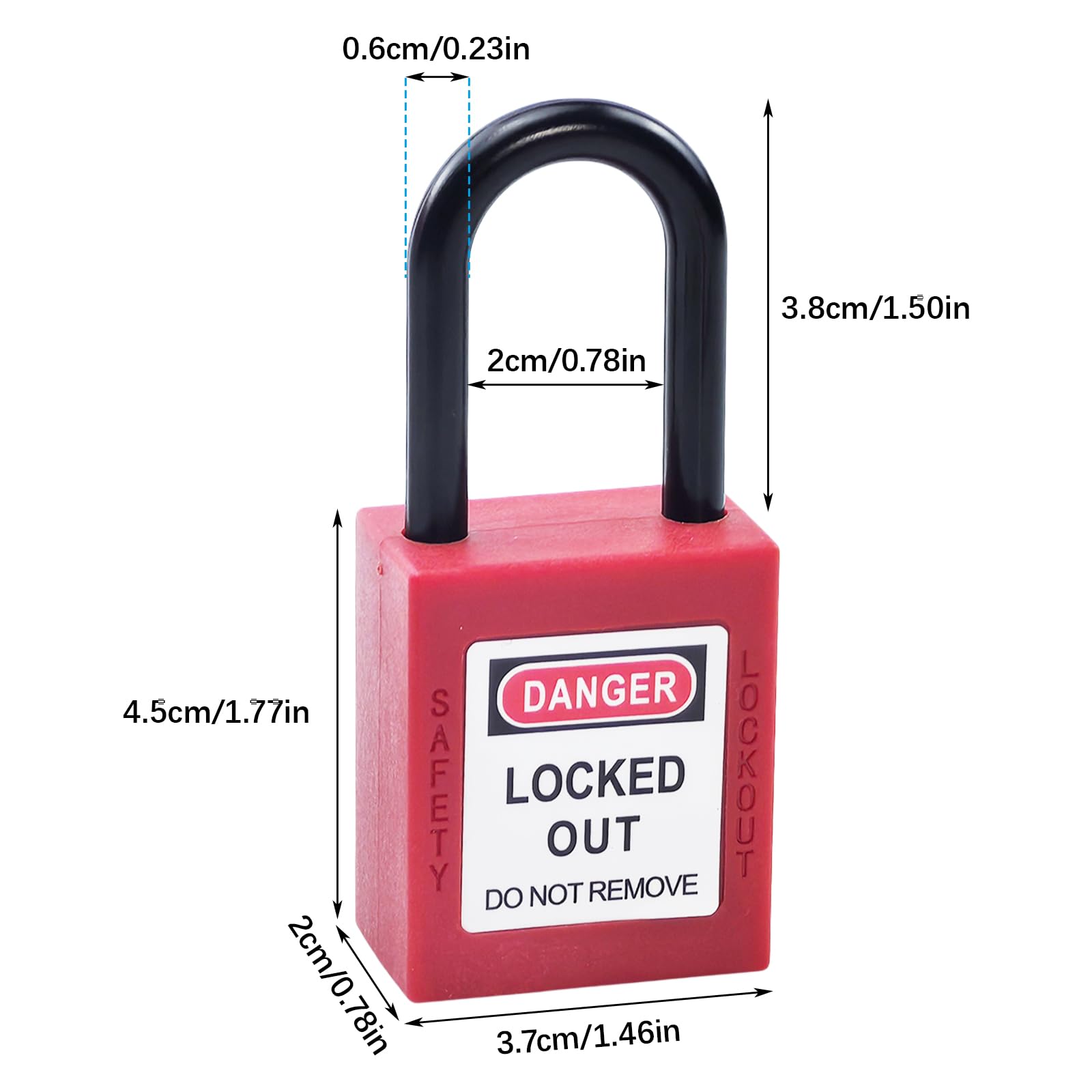 10 lucchetti Lockout in nylon, 38 mm, con chiave, lucchetto di sicurezza per stazioni e dispositivi (rosso)