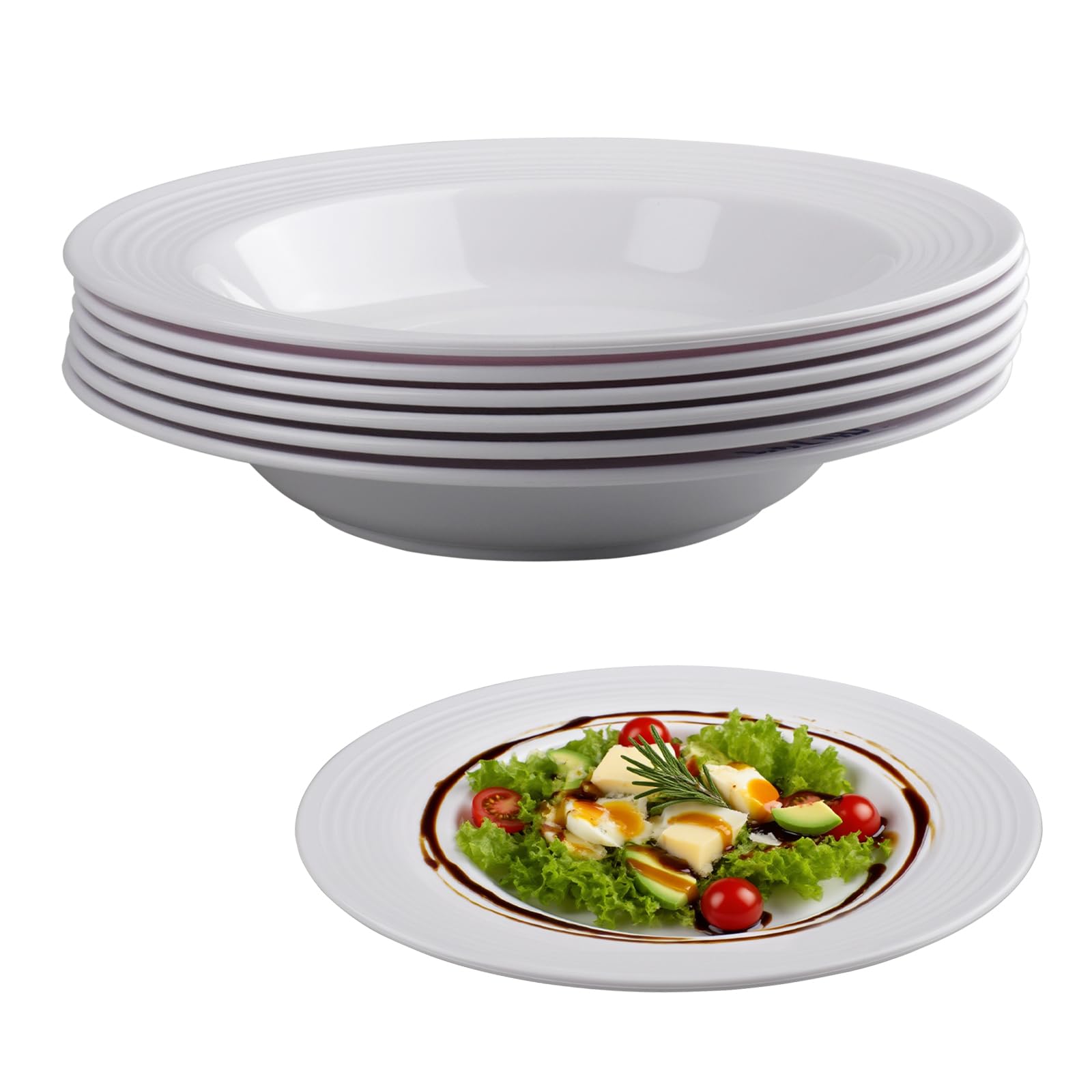 6 Piezas Platos Hondos de Plástico 22,5 cm Platos de Pasta Platos Plastico Duro Reutilizables para Fideos, Ensaladas, Sopas, Reutilizable, Blanco