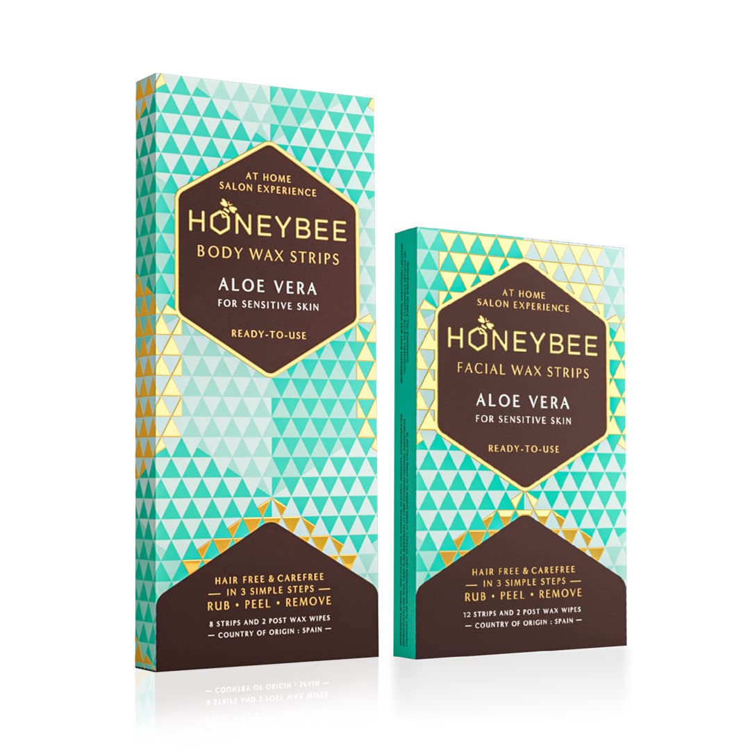 Honeybee Aloe Vera Vegan Facial & Body Wax Strips | 1 pack Facial Waxing Strips & 1 pack Body Wax Strips for Women | Wax Care Kit | Hair Removal Waxing Strips For All Skin Types | After Care Wipes Free