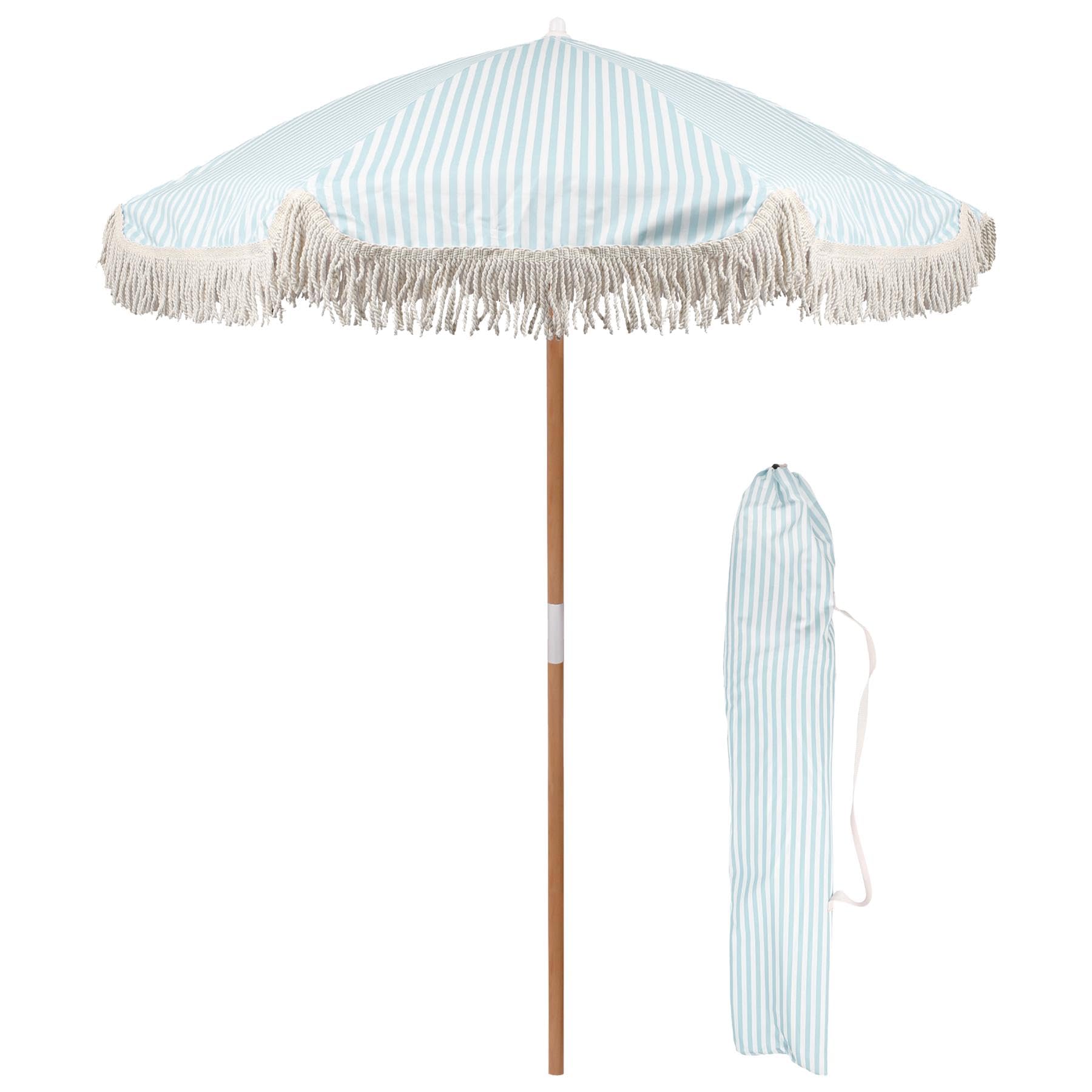 Harbour Housewares Blue 1.4M Wooden Garden Parasol With Tassel Fringe - Pastel Stripe