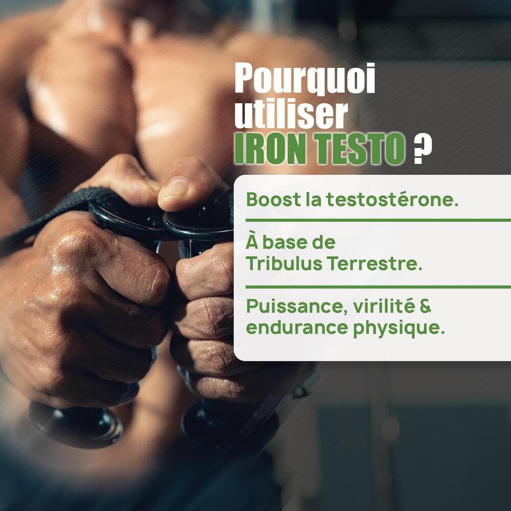 IRON TESTO - Booster de Testostérone - Virilité, Puissance, Endurance - Formule Complète avec Tribulus Terrestre, Maca et Ginseng - Sans Nano-Particules - 90 Gélules - Eric Favre