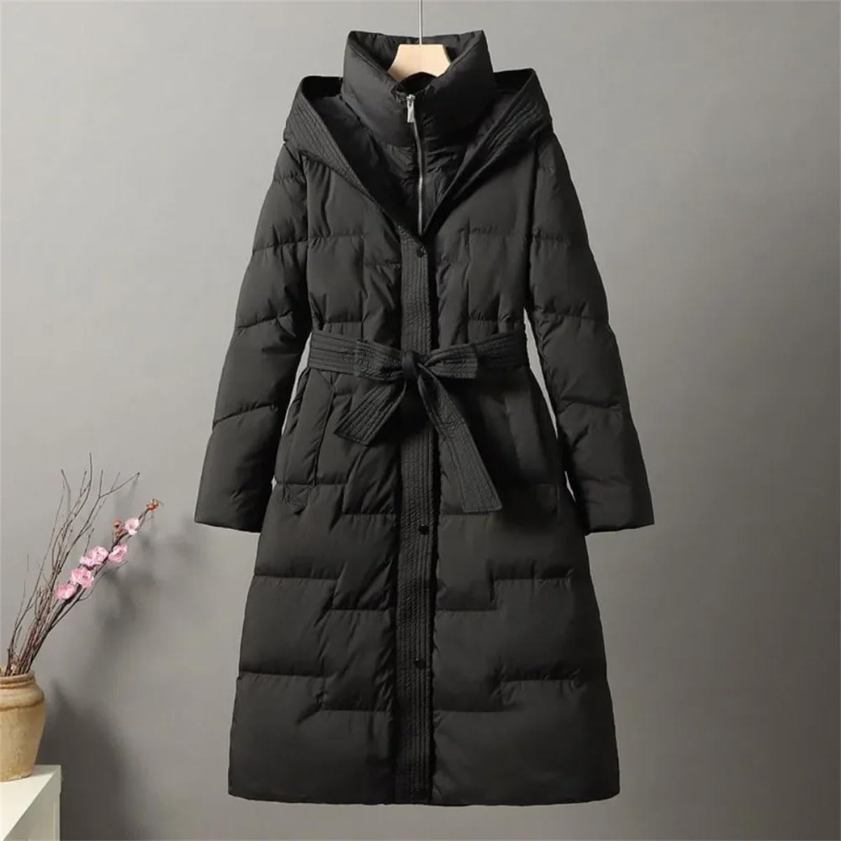 Women's Winter White Duck Down Long Jacket With Belt Thickened Warm Coat Slim Fit Parka Hooded Coat