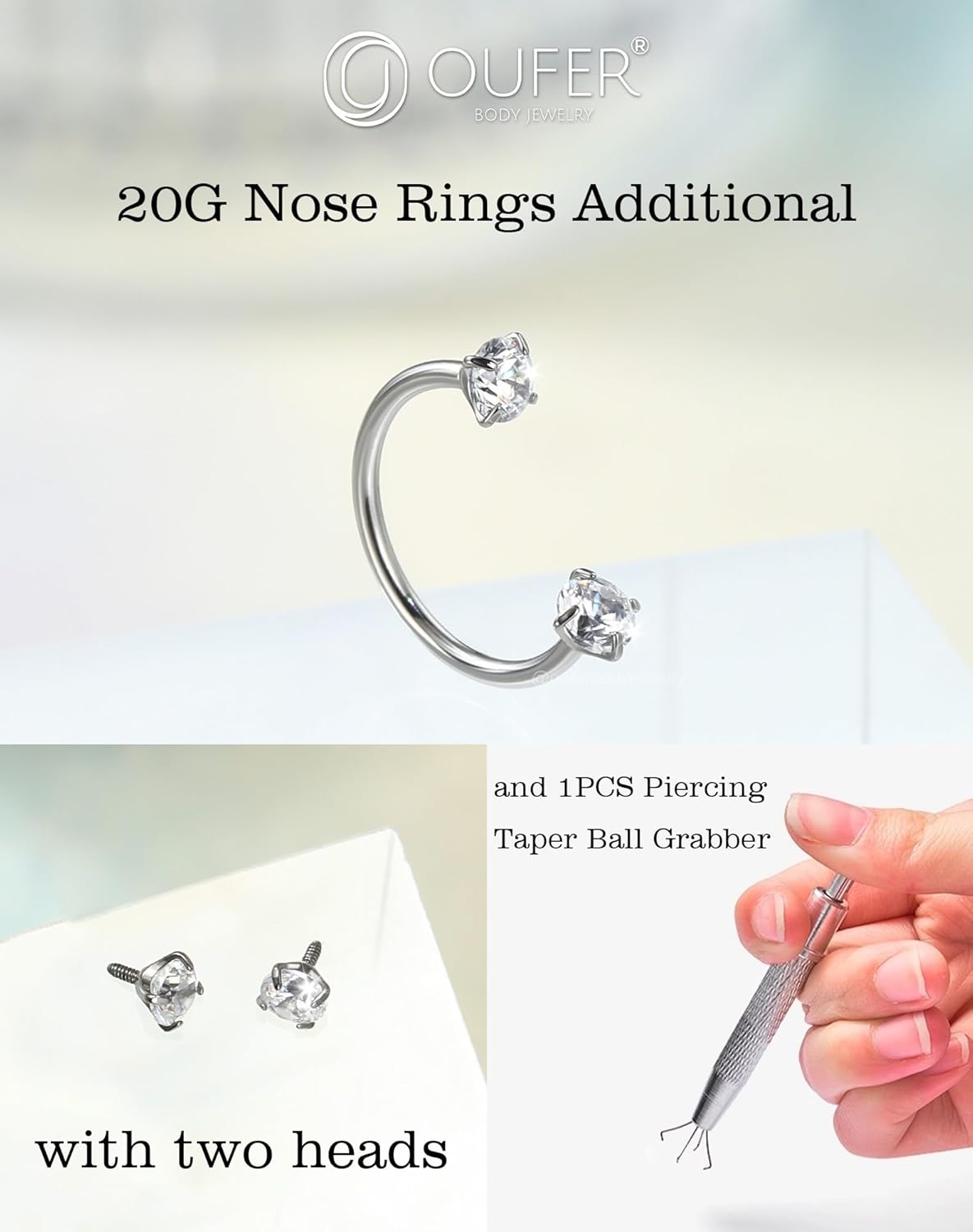 OUFER Horseshoe Nose Rings Studs, 20G Internally Threaded Nose Rings For Women, 316L Surgical Steel Double Cubic Zirconia Nose Studs, Lip Eyebrow Helix Ear Piercing Jewelry - Image 6