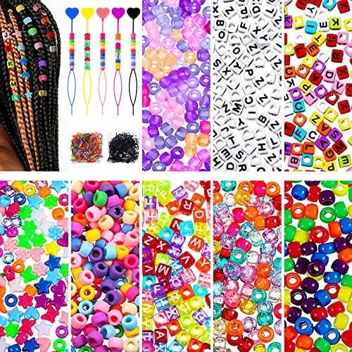 1200 Pieces Hair Beads Pony Beads for Girls Toddlers Braids Acrylic Rainbow Large Hole Letter Beads Kit with 1000 Elastic Rubber Bands and 5 Pieces Quick Beader for Kids Hair Braids Jewelry Making