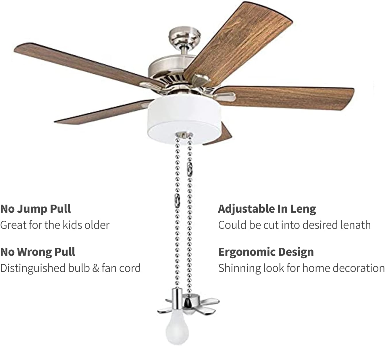 Ceiling Fan Pull Chain,24Inch Extra Long with Decorative Frosted Glass Bulb and Fan Cord,Fit All Standard 3mm Diameter Ceiling Fans(Light Nickel)