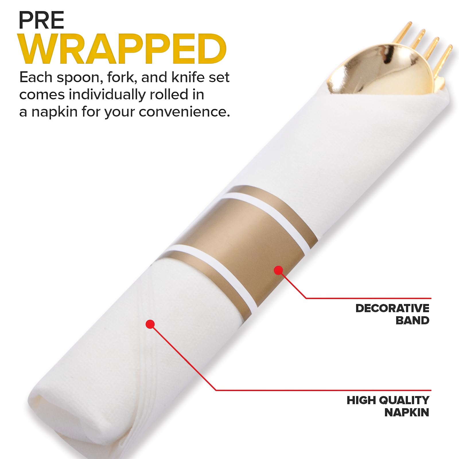 400PCS Pre Rolled Gold Plastic Silverware Sets - Heavy Duty Gold Cutlery - Include 100 Pack Wrapped Disposable Utensils with Napkins for Parties, Dinners & Weddings