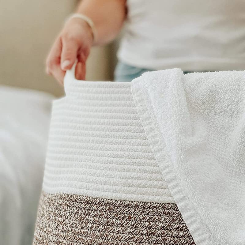 Image of GRATIFY Large Woven Rope Laundry Basket, 80 L Tall Dirty Clothes Hamper with Handles Storage Blankets, Toy for Bedroom, Living Room (Mix Brown White 1 Pcs)