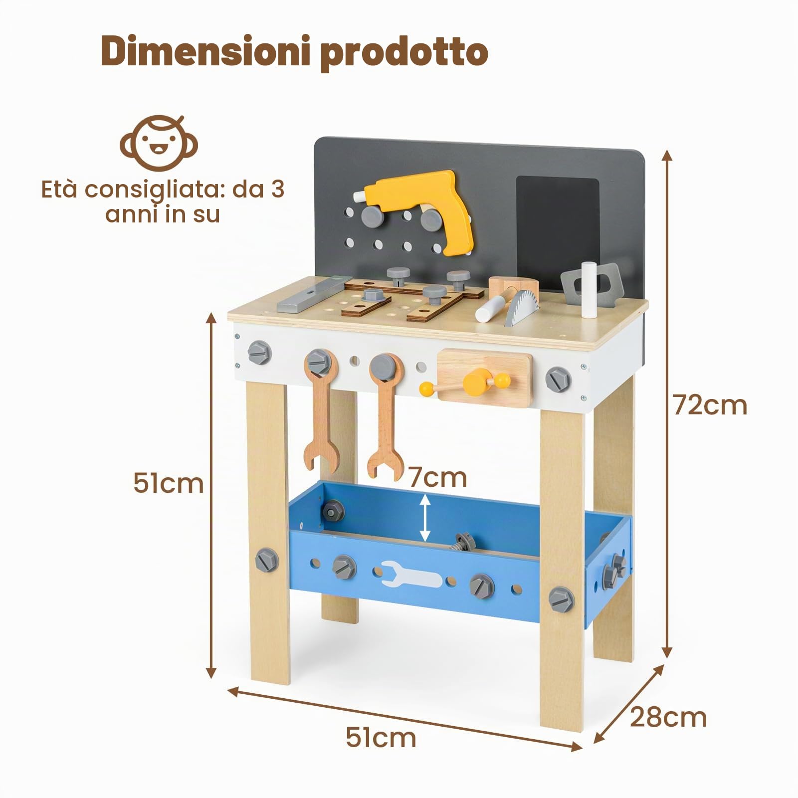 HOMASIS Banco da Lavoro per Bambini in Legno, Banchetto da Lavoro con 50 Accessori, Lavagna, Piano di Lavoro, Ripiano Inferiore, Tavolo Banco Attrezzi Bambino dai 3+ Anni, 51 x 28 x 72 cm