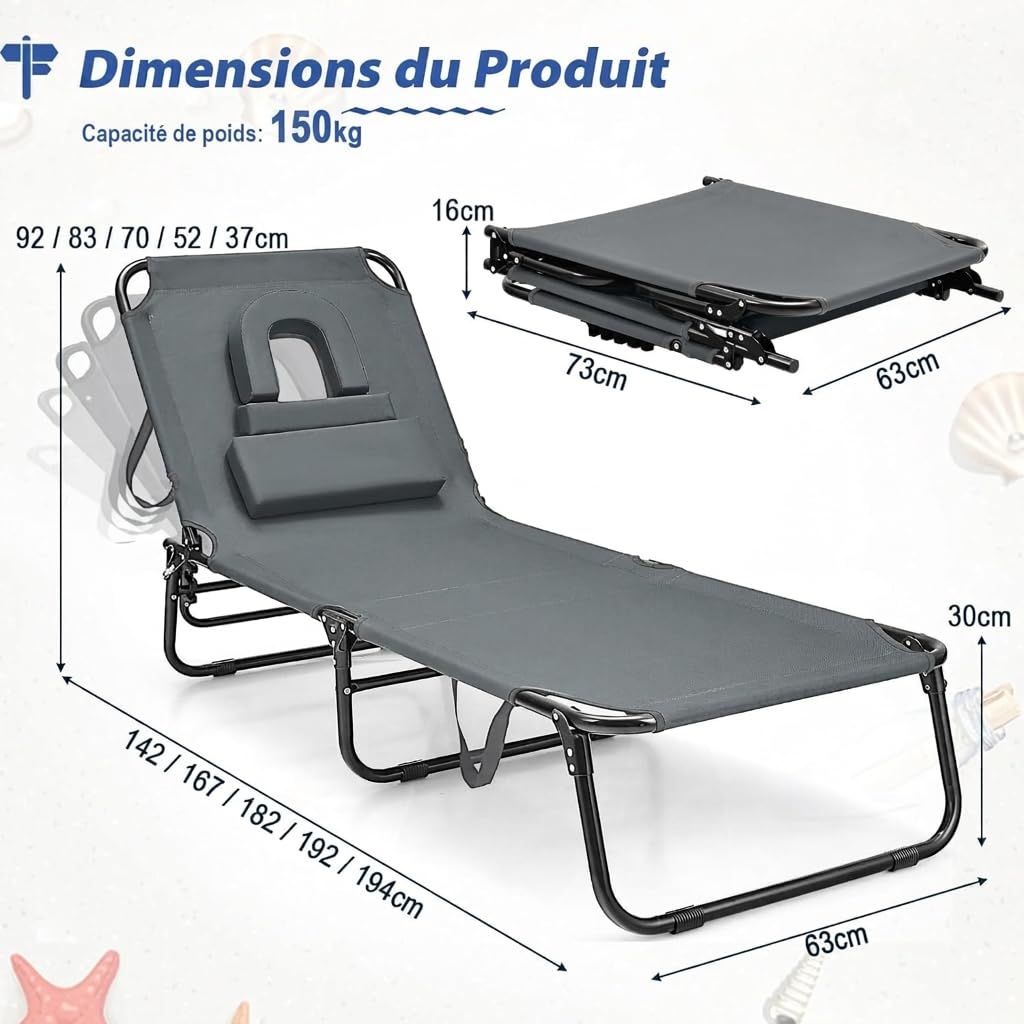 GOPLUS Chaise Longue Pliante Inclinable à 4 Positions Réglables, Transat Jardin Extérieur avec Oreiller Détachable, Lit de Camping, pour Terrasse/Plage 189X59X40CM (1, Gris, 73x63x16CM)