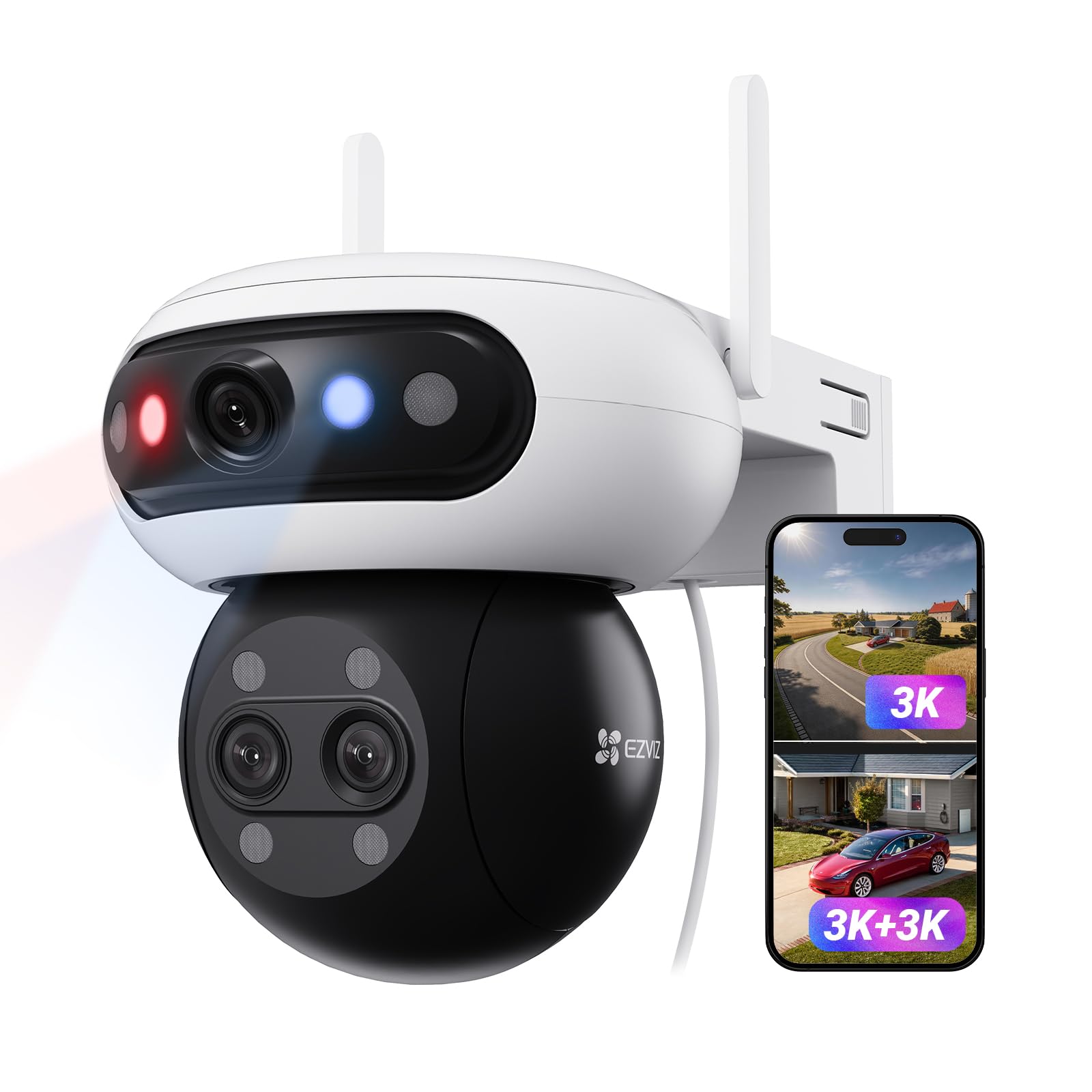 EZVIZ C90f Triple Camera Outdoor Surveillance WiFi 6, 3K Triple Lens Camera 360° with 12x Mixed Zoom, Triple Motor, AI Human/Vehicle Detection, Face Recognition, Color Night Vision