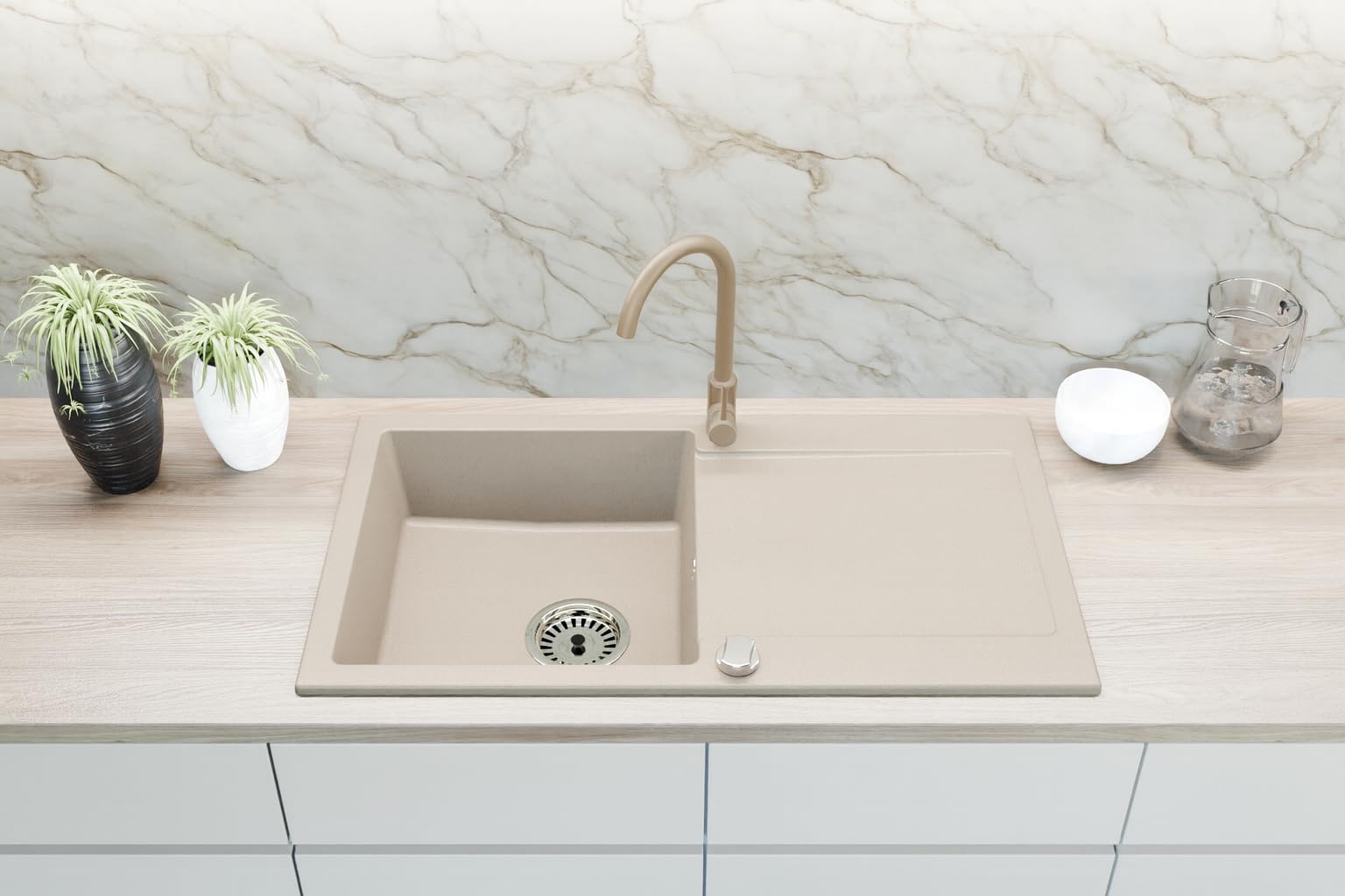 Faizee Home | Granit Einbauspüle 90x50 cm – Spülbecken mit Abtropffläche | Küchenspüle inkl. Armatur & Siphon-Set | Kratzfest & hitzebeständig für 45 cm Unterschränke (Genial, Beige)