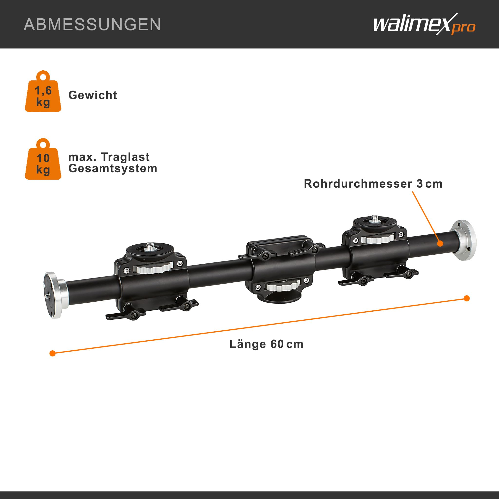 Walimex WT-628 Auslegearm (2 horizontal und vertikal verstellbare Schlitten, 2x 3/8 Zoll, 2x 1/4 Zoll, 60 cm lang, für bis zu 4 Geräte, Rohrdurchmesser 30mm, 60 cm, mit 2 Schlitten)