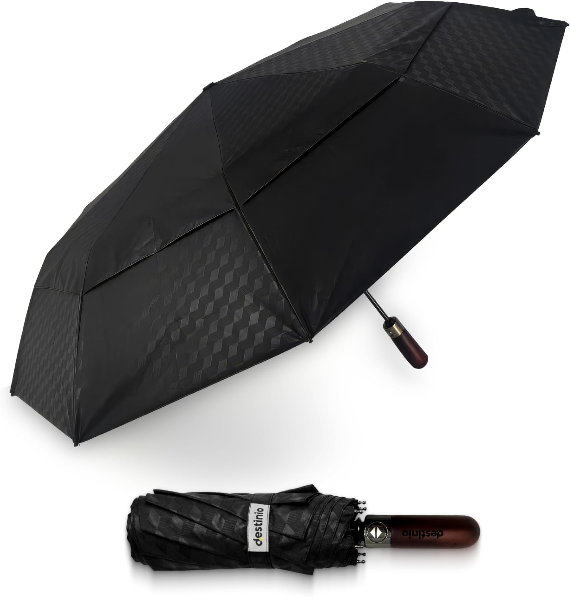 Destinio Umbrella for Man - Large Size, Fully Automatic, Windproof Fibreglass Ribs, UPF 50+ Sun Protection, Premium 210T Pongee, Foldable Umbrella for Rain with Travel Cover for Men and Women - 3 fold Compact Easy to Carry (Auto open auto close)