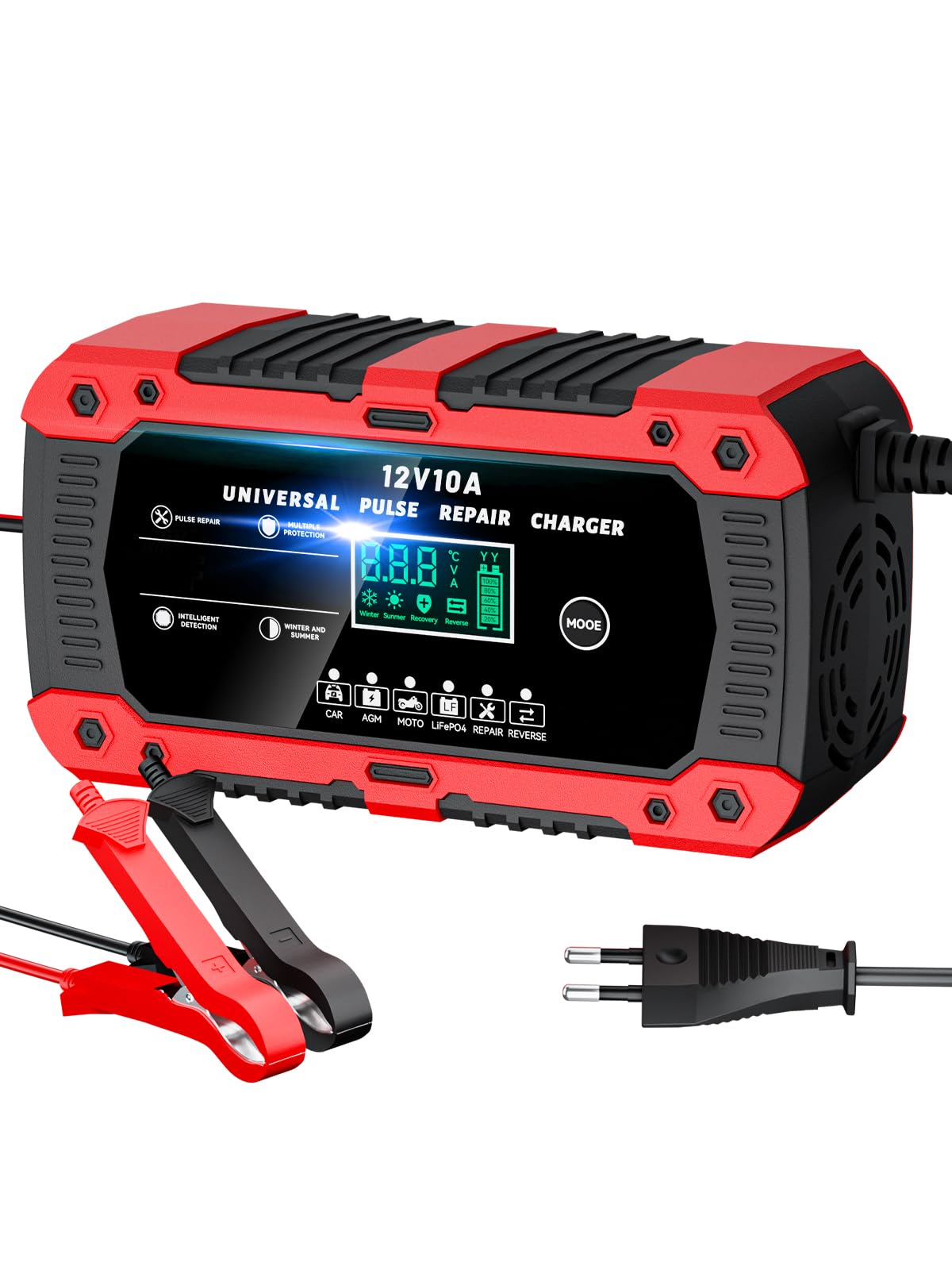Cargador de Batería de Coche 12V 10A Cargador Baterias Coche y Moto con Pantalla Táctil LCD Inteligente y Múltiples Protecciones Cargador de Batería para Auto Moto Camión AGM, Gel, SLA