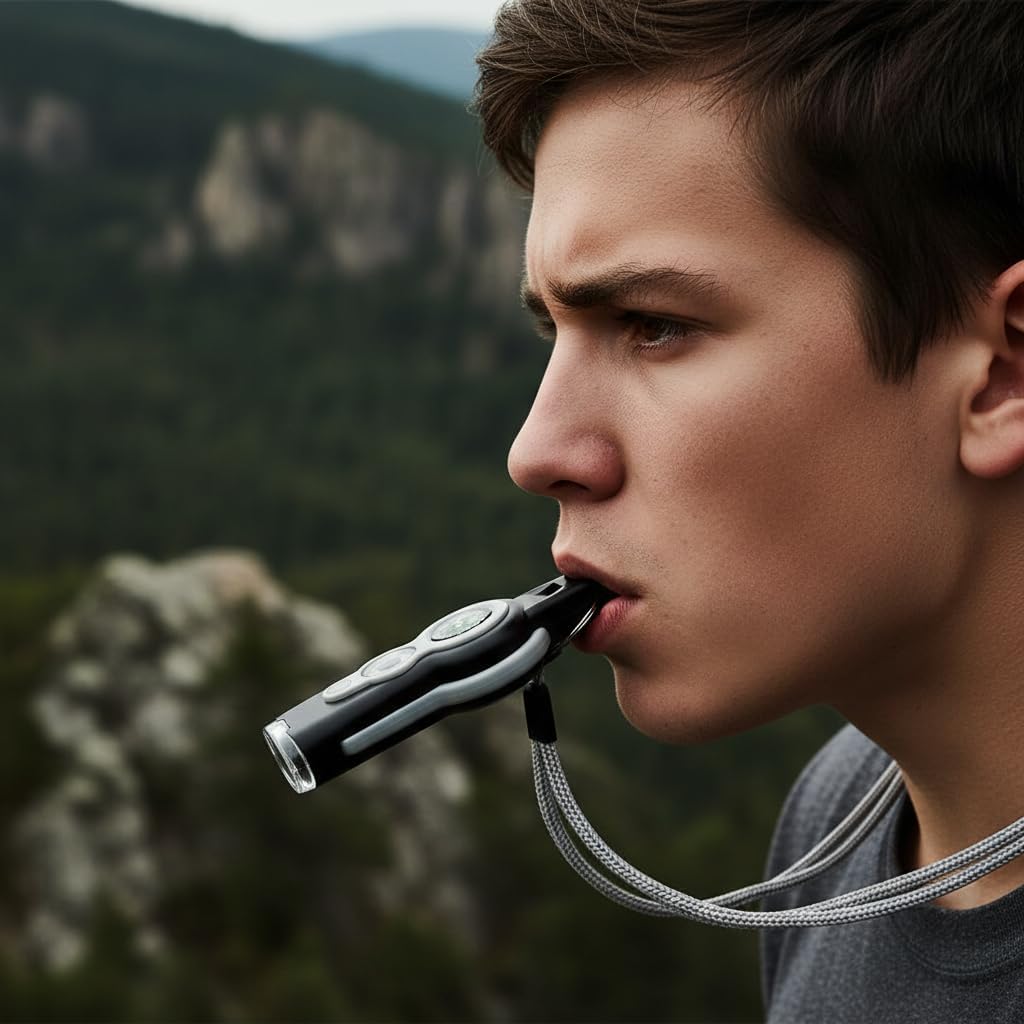 Emergency Whistle 7-in-1, Survival Whistle with Compass, Thermometer, LED Light, Magnifier, Mirror & Storage for Hiking, Camping, Fishing, Kayaking