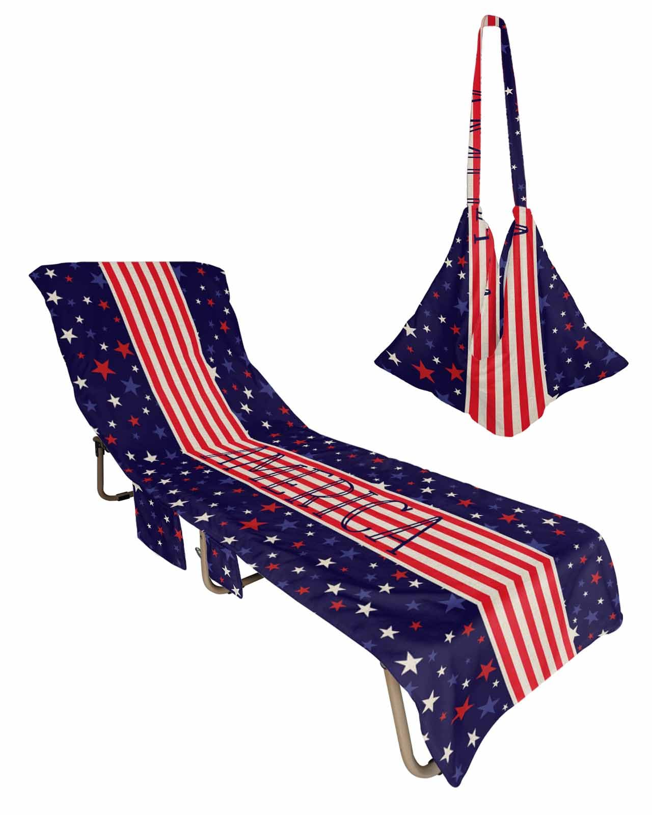 Stars Flag Beach Chair Towel Covers for Chaise Lounge with Side Pocket, Soft Plush Pool Towels Cover for Patio Sunbathing Outdoor 29''x85'' Red Blue Independence Day Stripes Farmhouse