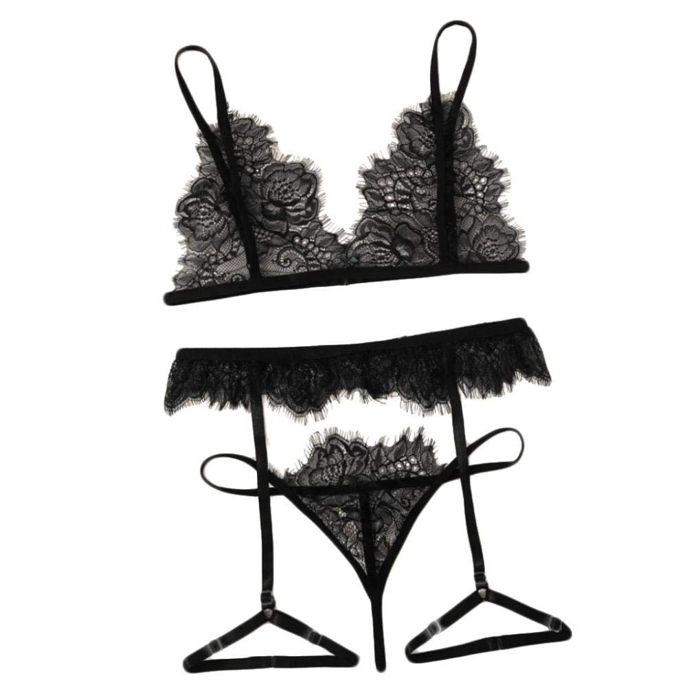 RWRAPS Intimo Sexy da Donna Camicie da Notte a V Profonda Lingerie Sexy da Donna Reggiseno Giarrettiera Perizoma Indumenti da Notte Sottili Sexy (Nero L)