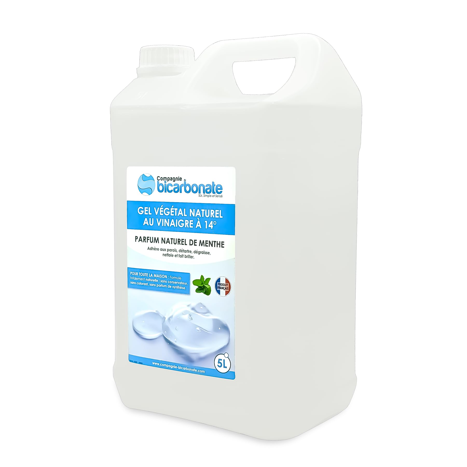 Gel Vinaigre Végétal à 14° - 5 L Parfum Naturel de Menthe - Nettoyant Pour Maison, Cuisine, Plan de Travail, Jardin - Compatible Fosses Septiques- La Compagnie du bicarbonate.