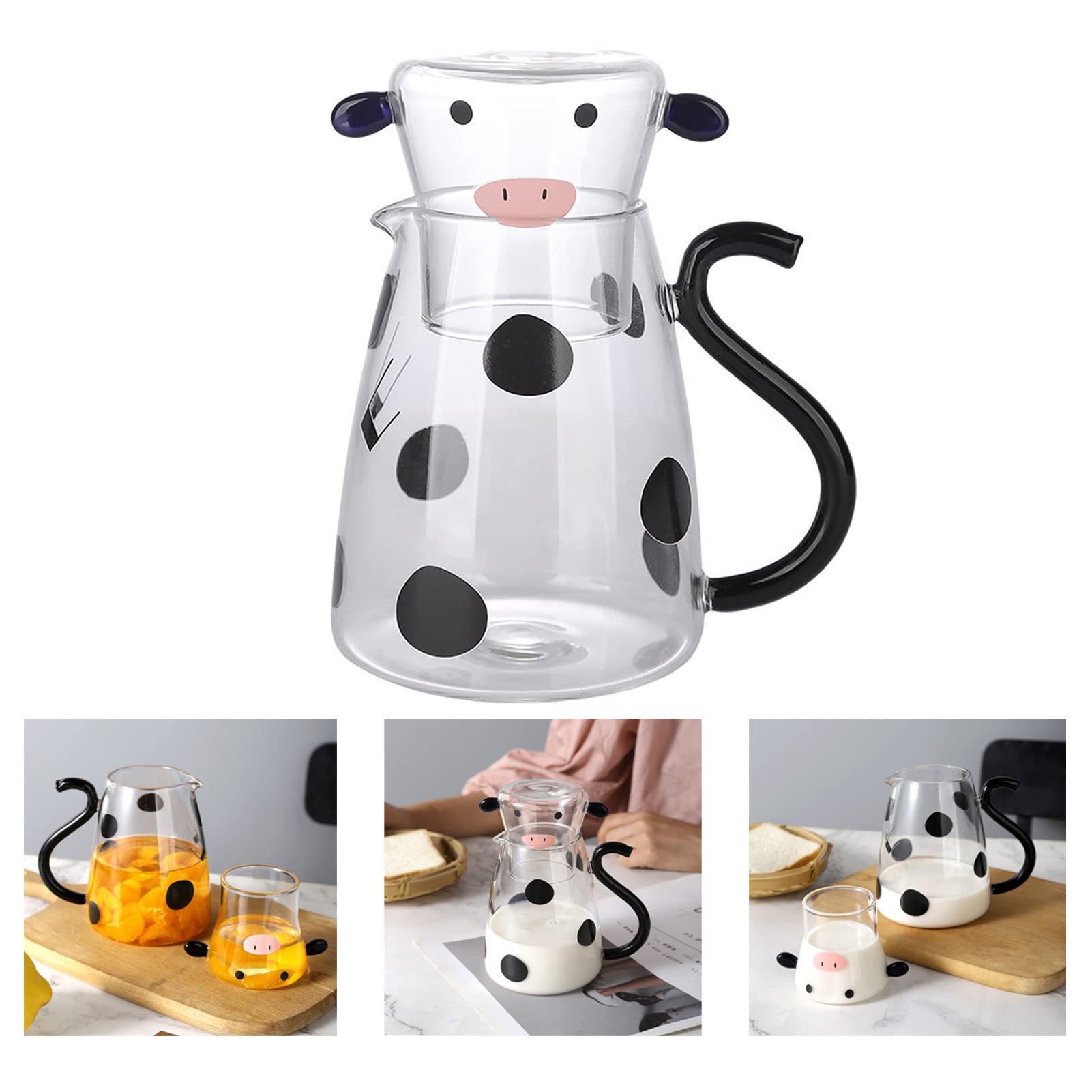 Mignon vache à carafe pichet avec tasse en verre, vache en verre transparent couche au chevet d'eau nocturne carafe pitcher en lait lait -nuit carafe pour chambre à coucher