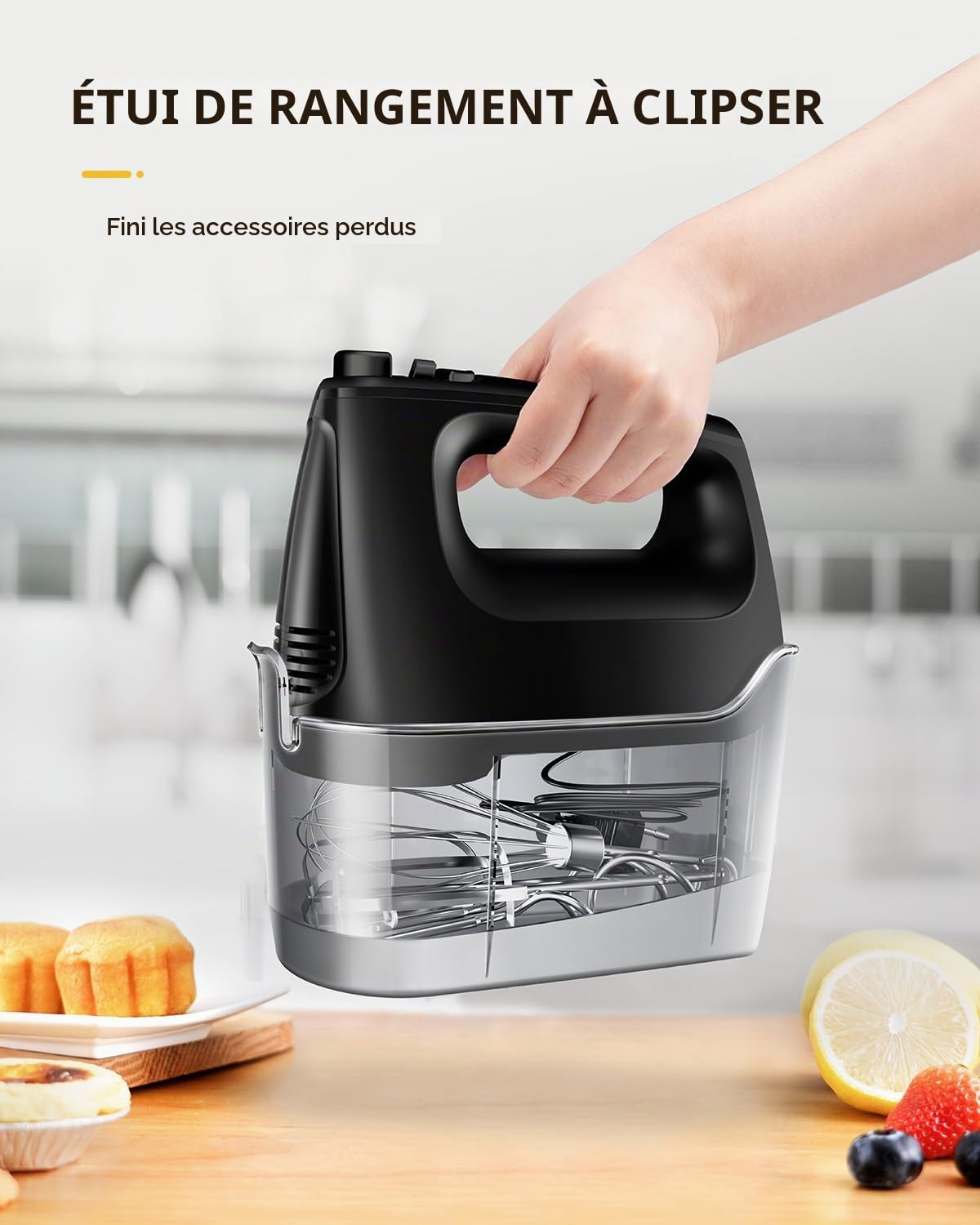 Mixeur plongeant électrique à main, 6 niveaux, turbo, sans éclaboussures, mixeur plongeant avec boîte de rangement, 5 accessoires en acier inoxydable, noir, moteur silencieux de 400 W