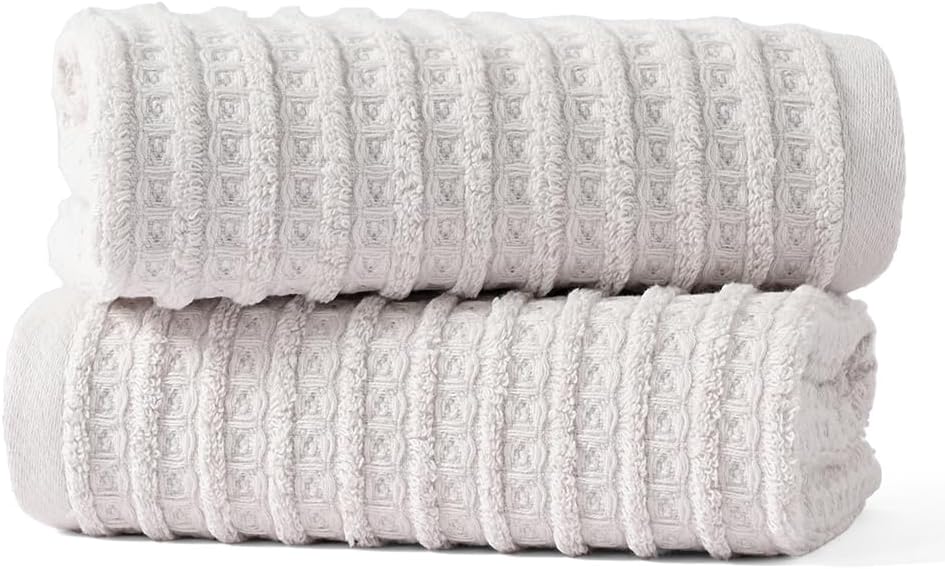 sense gnosis Light Grey Waffle Hand Towel Set of 2 Super Soft 100% Cotton Terry Striped Pattern Ultra Absorbent Hand Towel for Bathroom 13 x 29 Inch - Image 3
