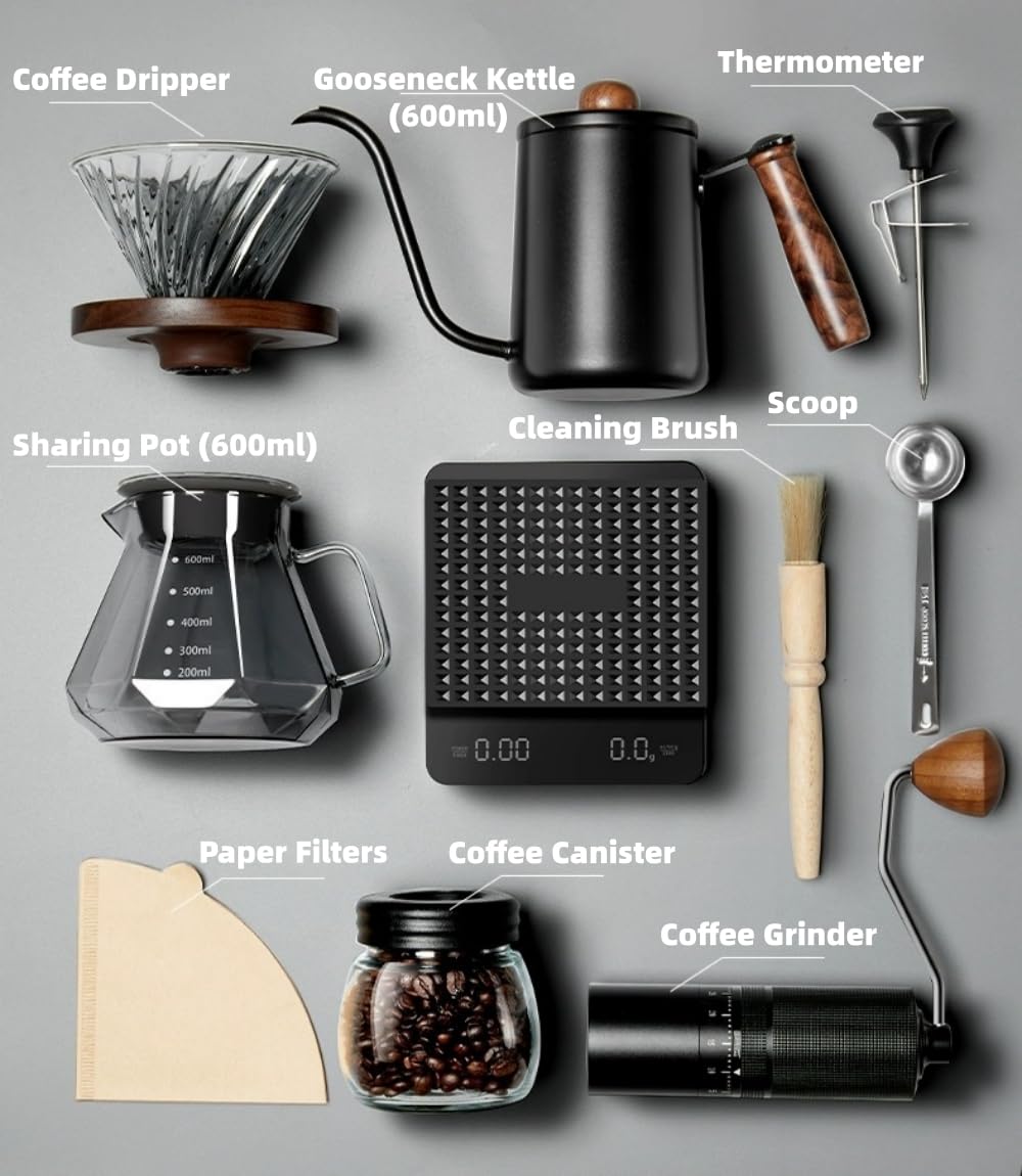 Juego completo de cafetera de 10 piezas, kit completo de preparación de café por goteo con hervidor, báscula, molinillo y accesorios, para los amantes del café, barista en casa, viajes y campamento