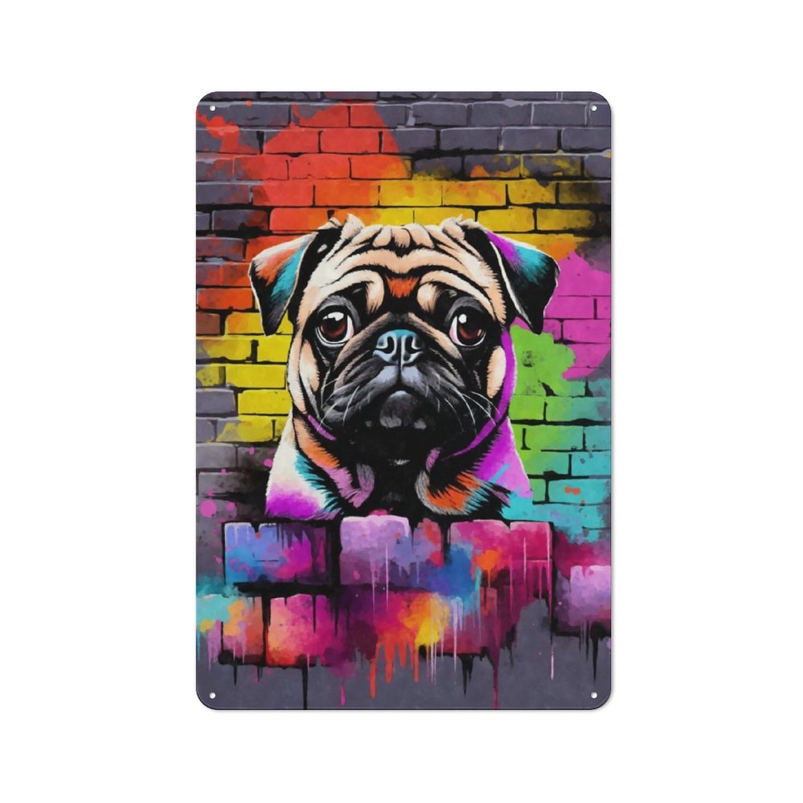 Junmoney Aesthetic Pug Dog Graffiti Retro-Style Tin Sign 30X20cm For Dining Room Or Kitchen, For Kitchen Wall Decor Lovers