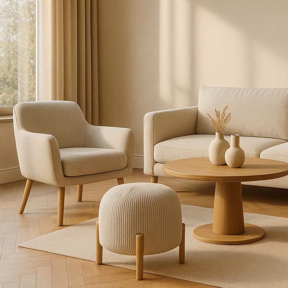 Pouf rotondo imbottito in velluto a coste con gambe in legno naturale - Marrakesh Avorio