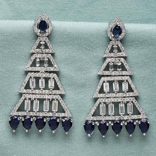Rhodium-Plated American Diamond Triangular Drop Earrings