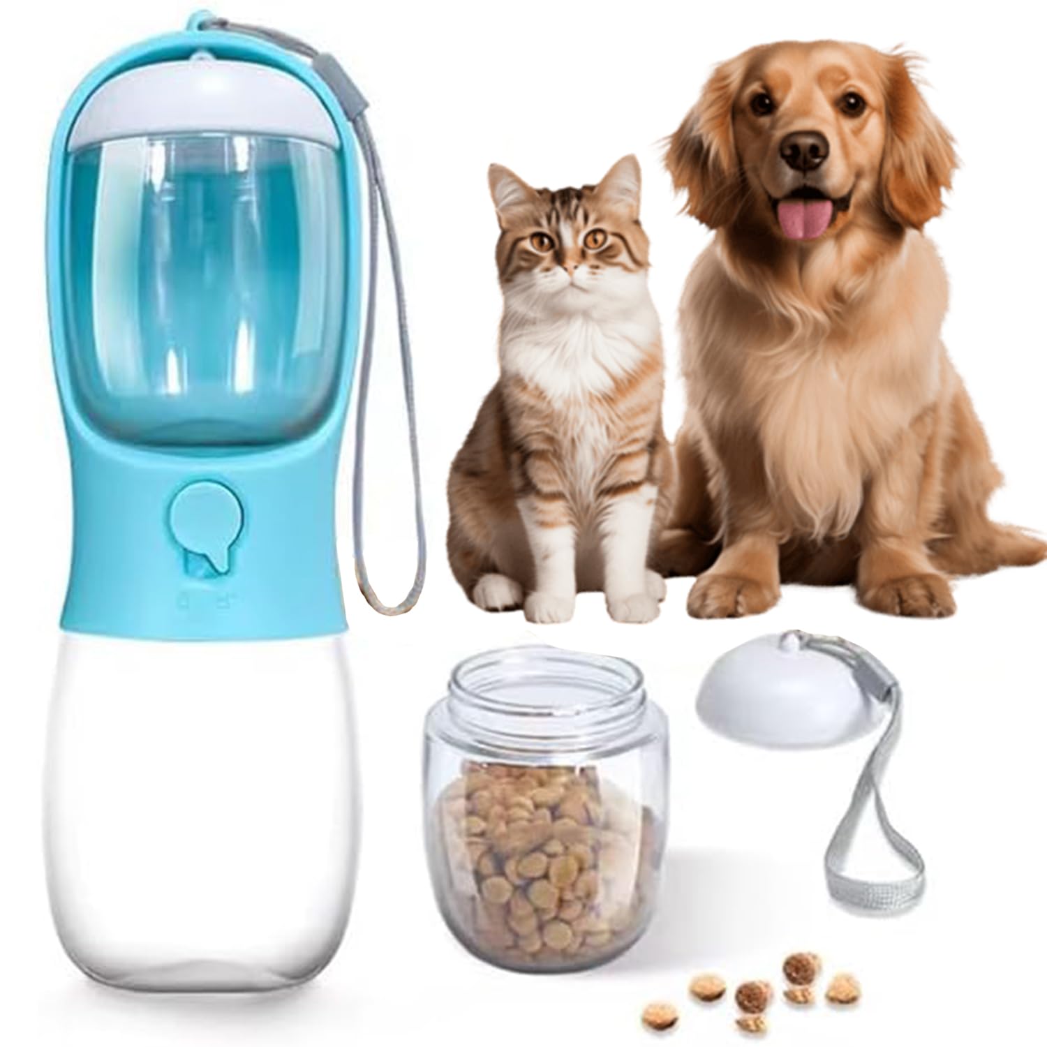 AHIZ Portable 2-in-1 Dog Water Bottle with Food Container, 300ml Leak Proof Pet Water Dispenser with 100g Food Storage, Travel Bottle for Dogs & Cats, for Walking, Hiking & Outdoor Use (Blue)