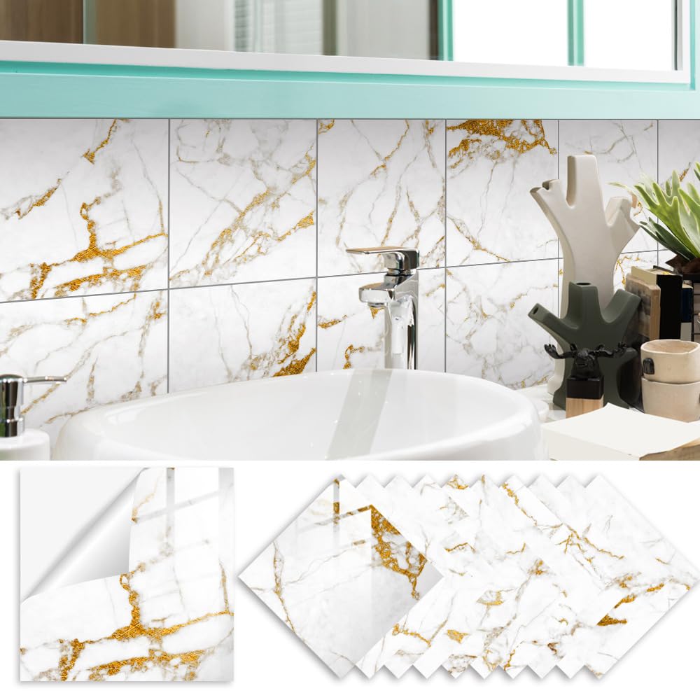 LMYSXAOZ 20 PCS Wall Stickers, Self Adhesive Peel and Stick DIY Floor Marble Tiles (20x20cm,White Gold)