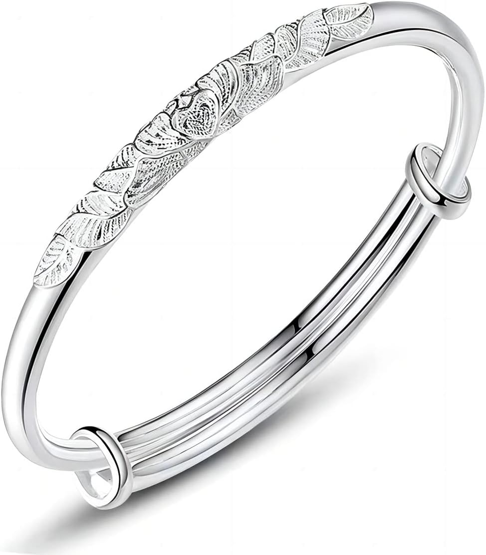 Kim Carrey S925 Sterling Silver Bangle Bracelet for Women, Adjustable 6.4-7.8 Inches, Elegant Small Size