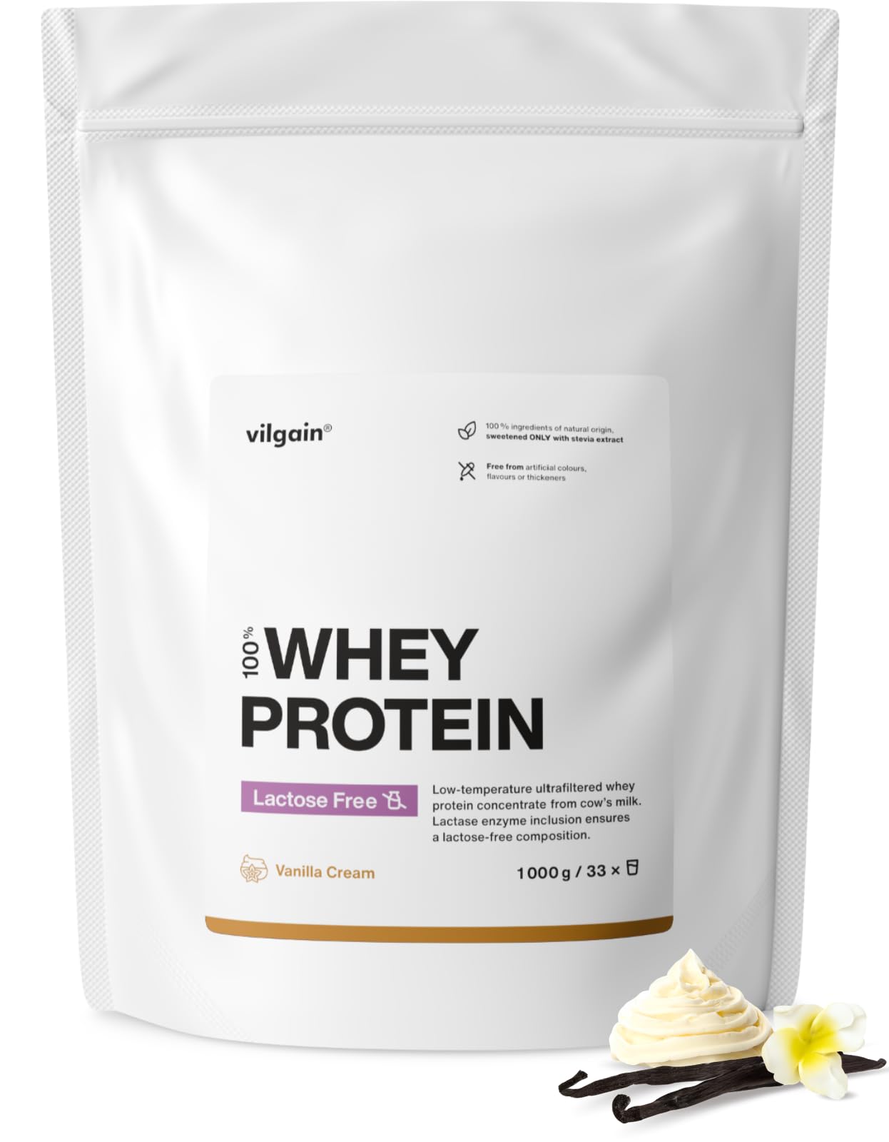 Vilgain Lactose Free Whey Protein Powder Vanilla Cream 1000g | 75% Protein | Low Temp Ultrafiltered Whey Concentrate | Stevia Sweetened | 23g Protein Per Serving | High BCAA Content
