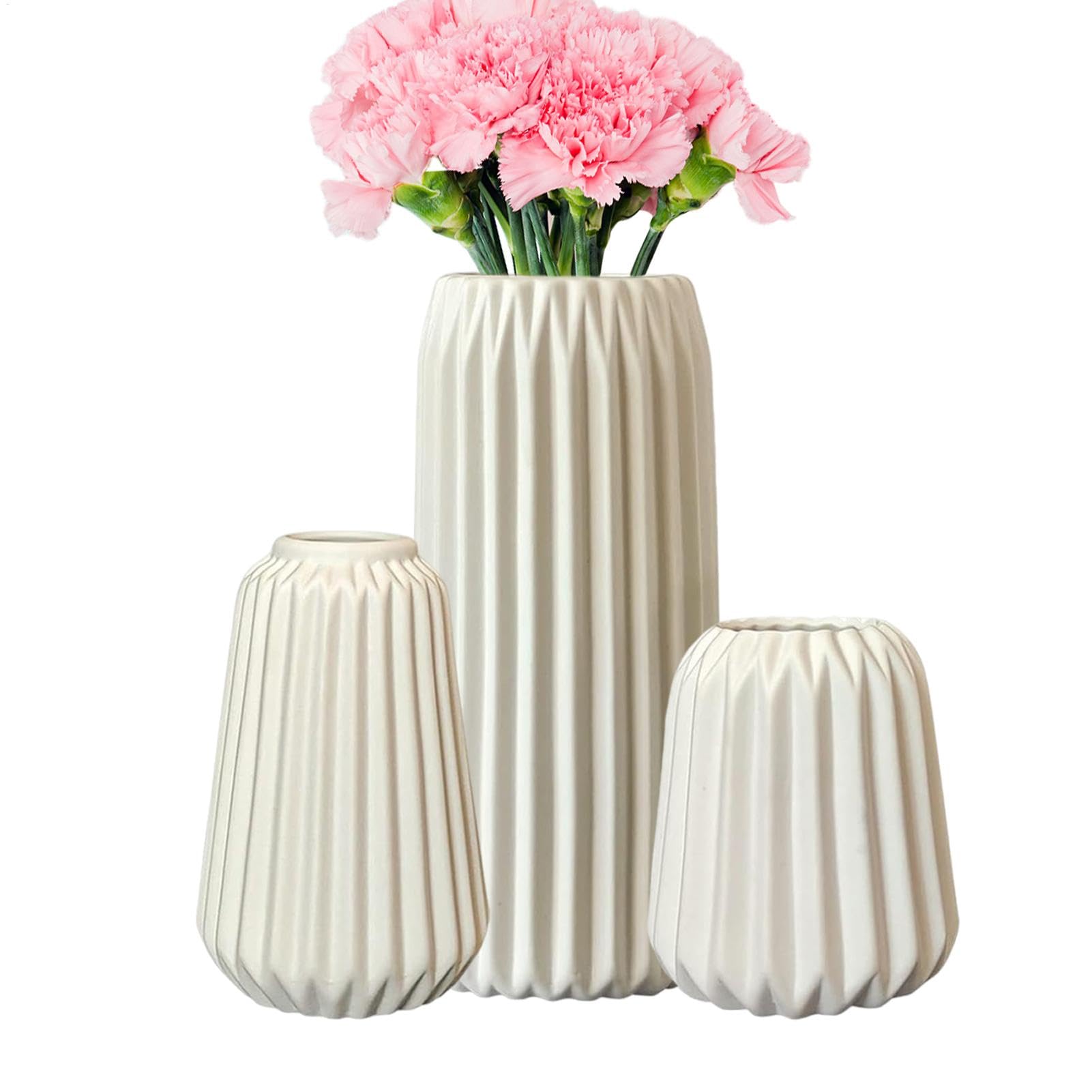 Vasi di fiori in ceramica, vaso in ceramica a costola bianca Set di 3 vasi