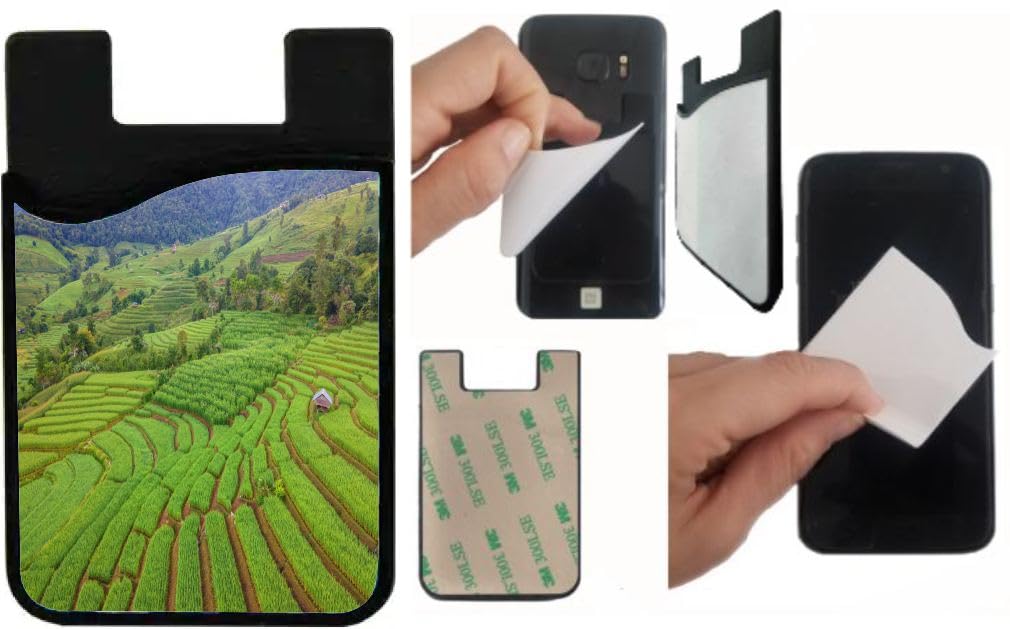 Island Gifting Neoprene Stick-on ID Card Holder for iPhone/Galaxy/Google Android Cases Featuring Image of Beautiful Lush Rice Field in Chiangmai Thailand