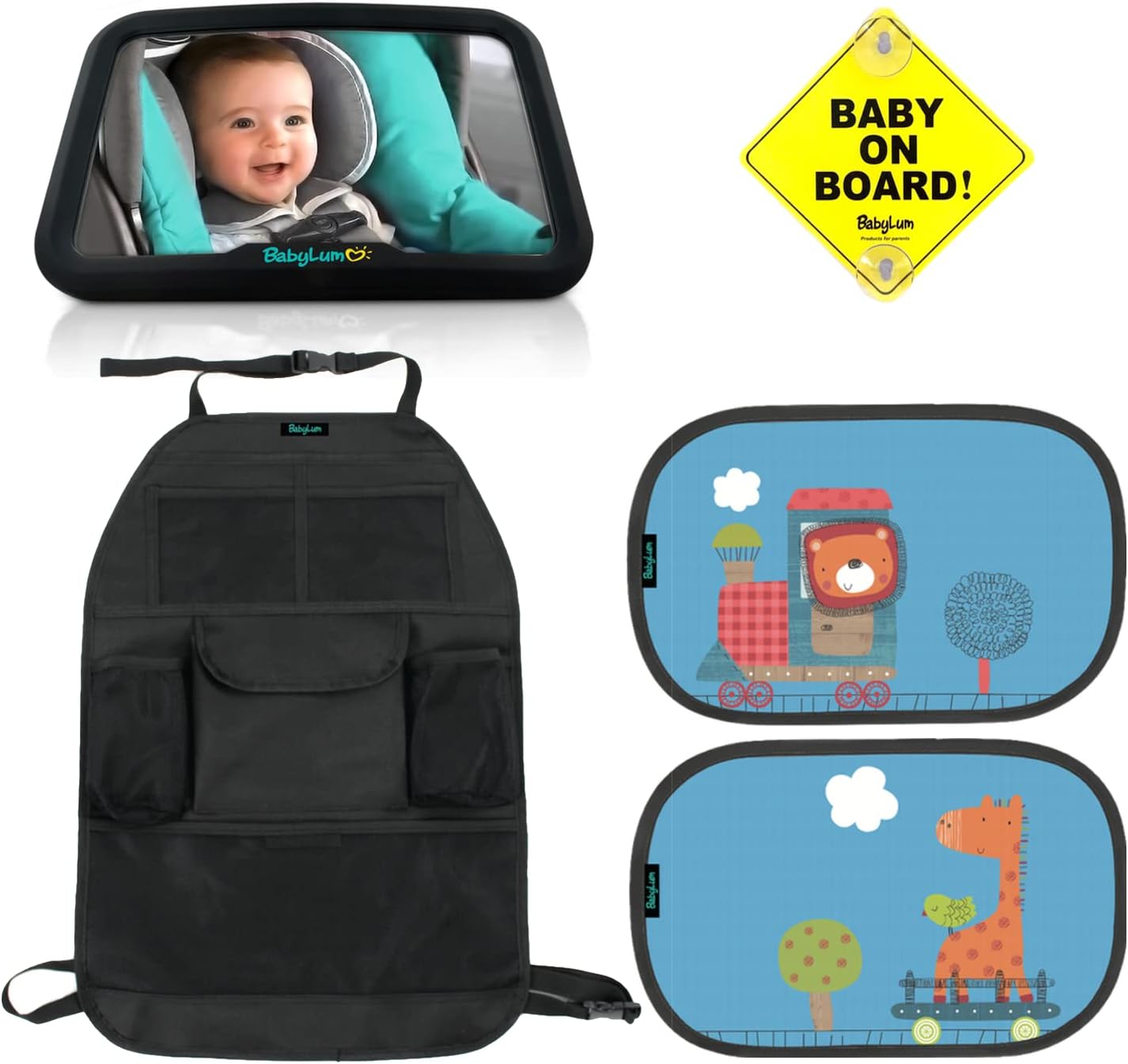 Baby Car Mirror - Include 1 Baby On Board Yellow Sign, 1 Kick Mat, 2 Sun Shades