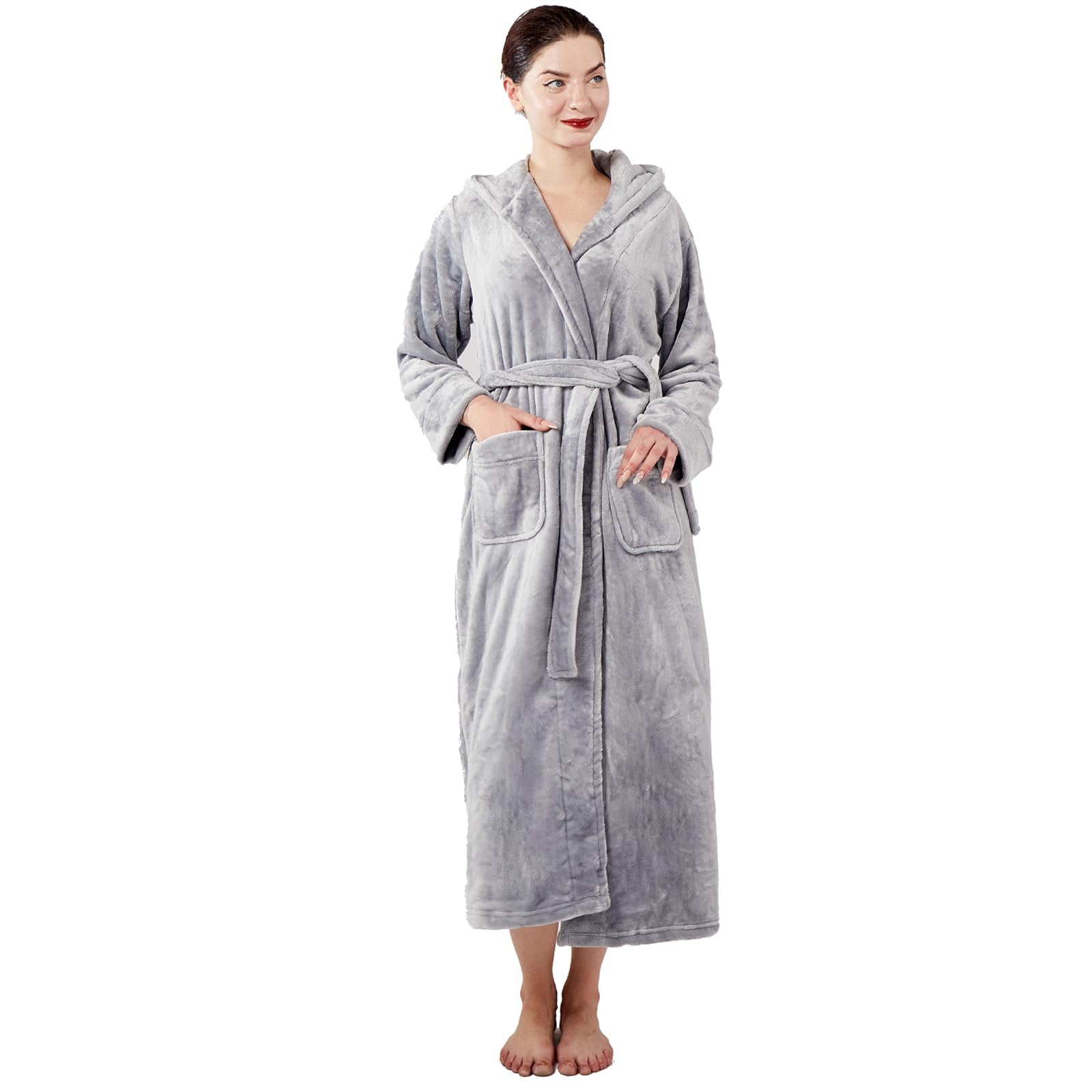 Dowesrobe Womens Fleece Hooded Fluffy Bathrobe Plush Long soft cozy Winner Warm fuzzy Spa Robe with deep pockets
