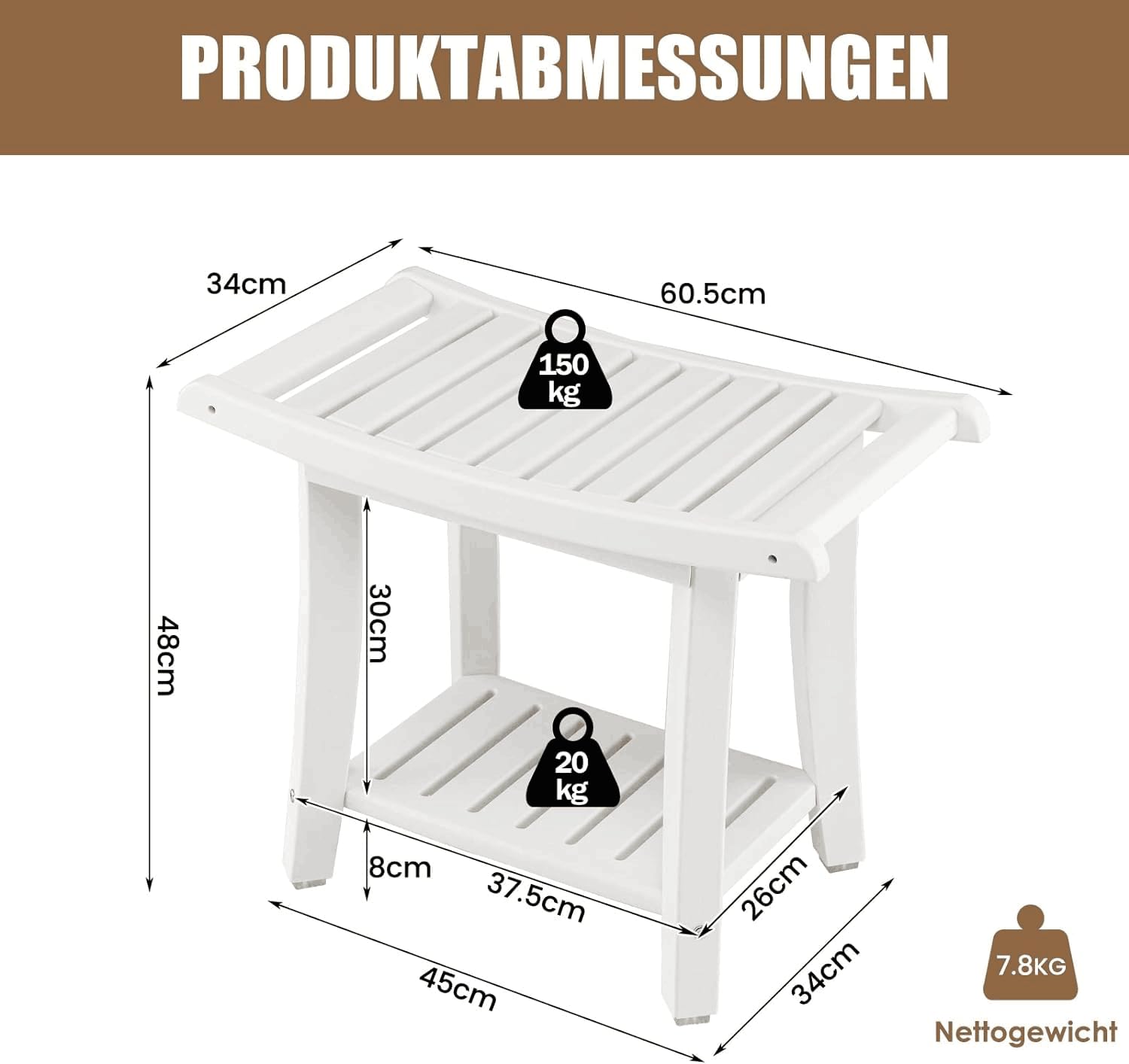 RELAX4LIFE Duschbank, Badezimmerbank mit Ablage Handtuchhalter, Badhocker mit Rutschfesten Füßen, Duschstuhl bis 150kg Belastbar, Duschsitz für Alte Schwangere, 60,5 x 34 x 48 cm, Weiß