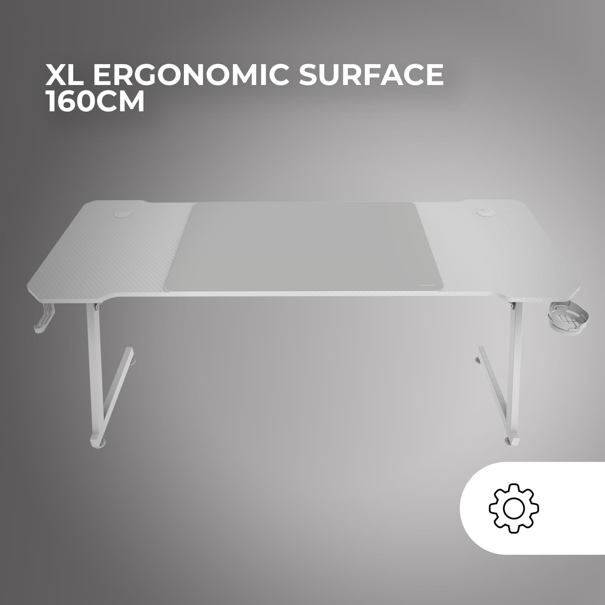 Mars Gaming MGD-X160, Bureau Gaming Ergonomique, Surface en Fibre de Carbone, Structure Métallique, Tapis de Souris XXL, Supports Casque et Boissons, Gestion des Câbles, Bureau Gaming 160x60cm, Blanc