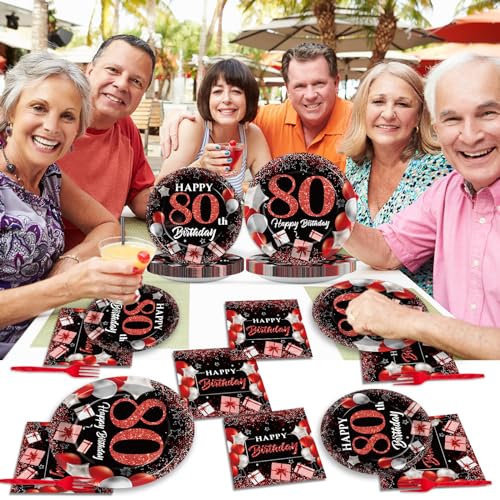 Image of gisgfim 96 Pcs 80th Birthday Plates and Napkins Party Supplies 80 Years Old Birthday Party Tableware Set Red Black Dinner Dessert Plates 80th Birthday Decorations Favors for Man Women for 24 Guests