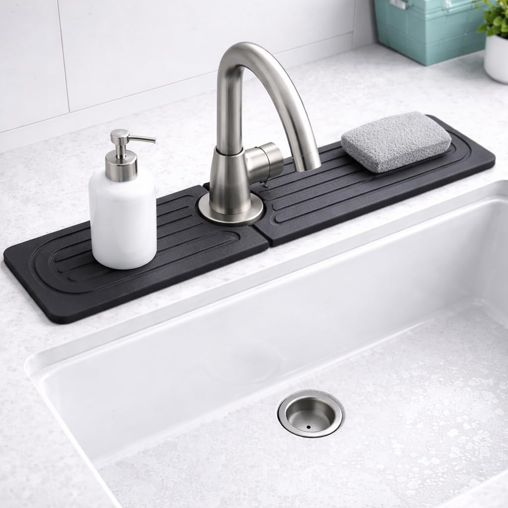 Photo 1 of Diatomite Faucet Mat for Kitchen Sink, Fast Dry Stone Sink Splash Guard, Water Absorbing Faucet Tray (20” x 4”) – Fits Standard Faucets, Please Measure Sink & Faucet Before Purchase