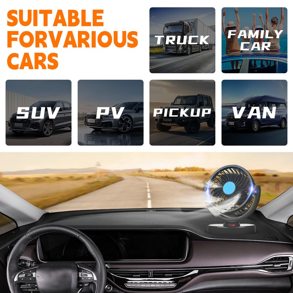 Ventilatore Auto 12v, 360° Ruotabile Ventilatore Per Auto con Presa Accendisigari, Ventola Per Auto con 2 Velocità,Novità 2026,Ventilatore Portatile Auto per Tutti i Veicoli Familiari, Furgoni