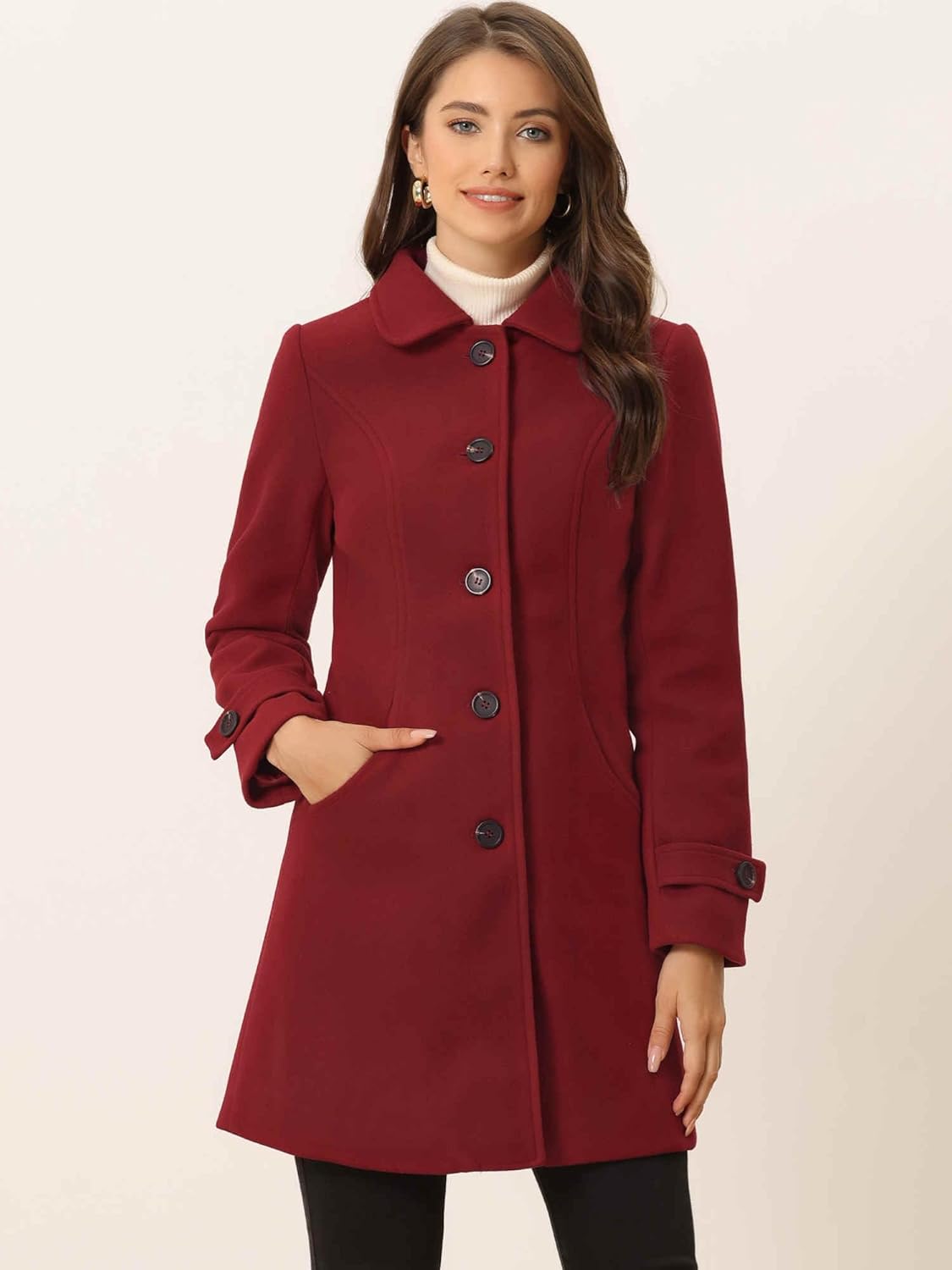 Allegra K Women's Winter Outerwear Overcoat Peter Pan Collar Mid-thigh A-line Single Breasted Pea Coat - Image 2