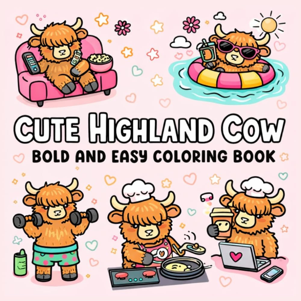Cute Highland Bold and Easy Coloring Book: Cute, Simple, and Relaxing Animal Designs