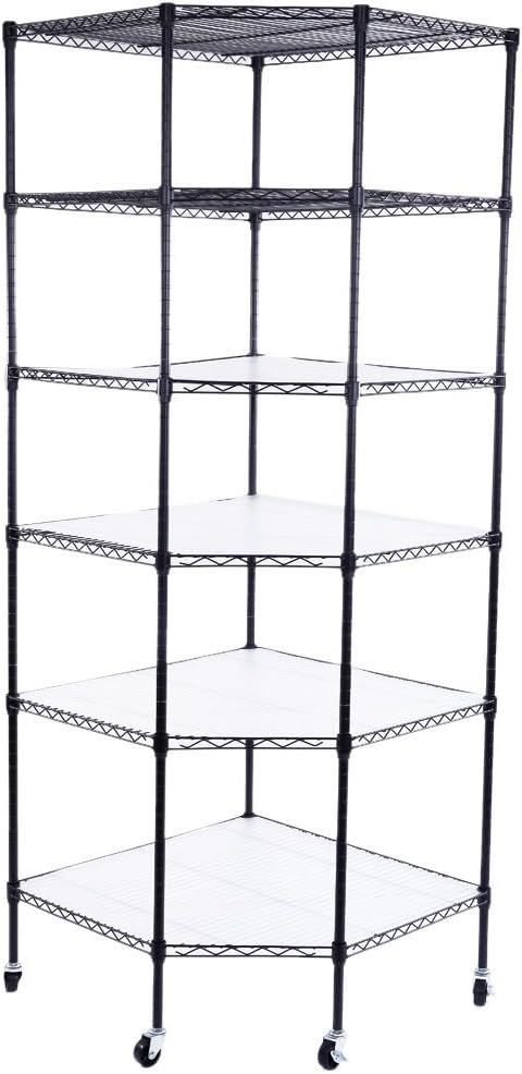 Azadx 6-Tier Corner Shelf, Adjustable Metal Storage Shelving Unit, Free Standing Wheeled Rack for Living Room, Bathroom, Kitchen (Black)