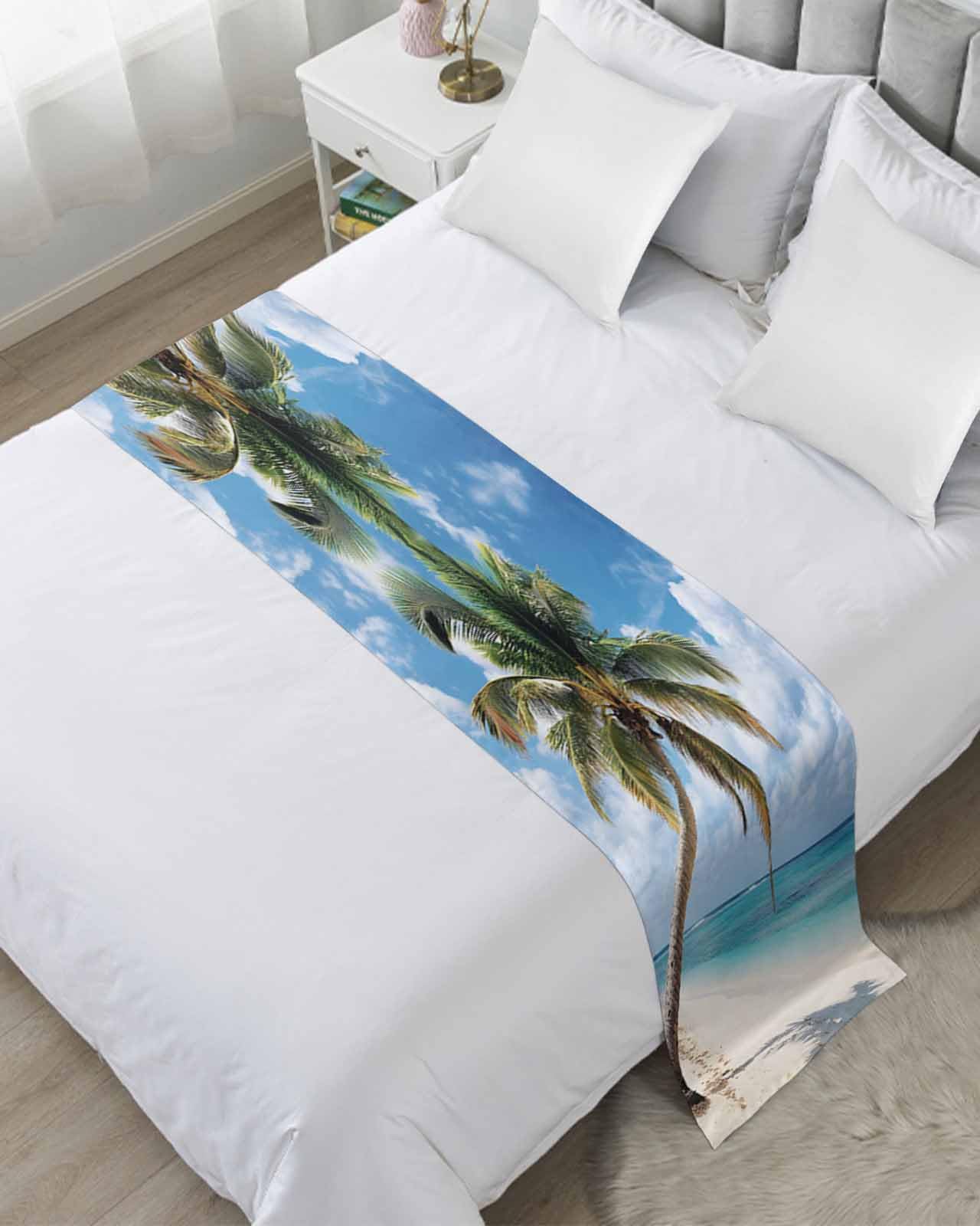 DecorLovee Summer Palm Tree Bed Runners for Queen Size Bed, Decorative Bed Throws for Foot of Bed, Sandy Beach Ocean Sky Cloud Plants Bed Runner Sofa Throw Bedding Scarf Protector for Bedroom