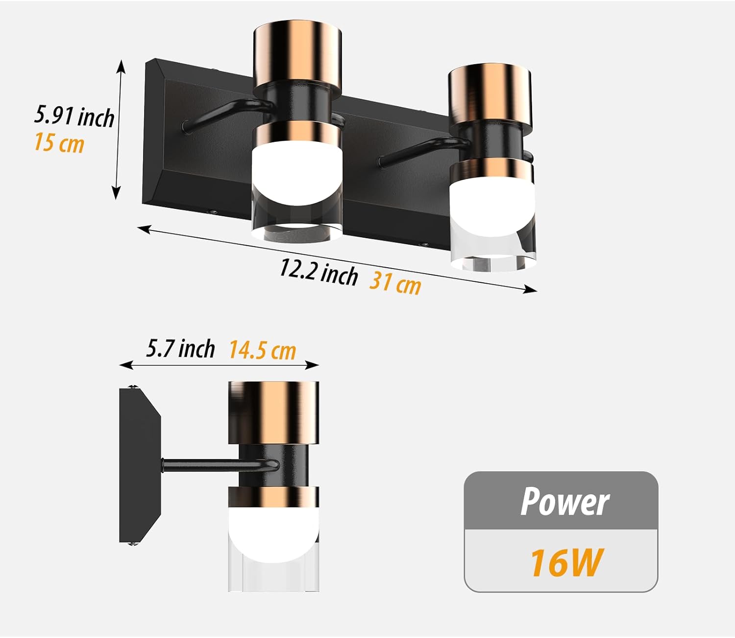 LED Bathroom Vanity Light Fixtures, 2 Light Black and Gold Wall Sconces Lighting, 12inch Modern Bathroom Light Fixtures, 4000K Led Wall Lamp for Mirror Living Room Bedroom Dressing Table Bar