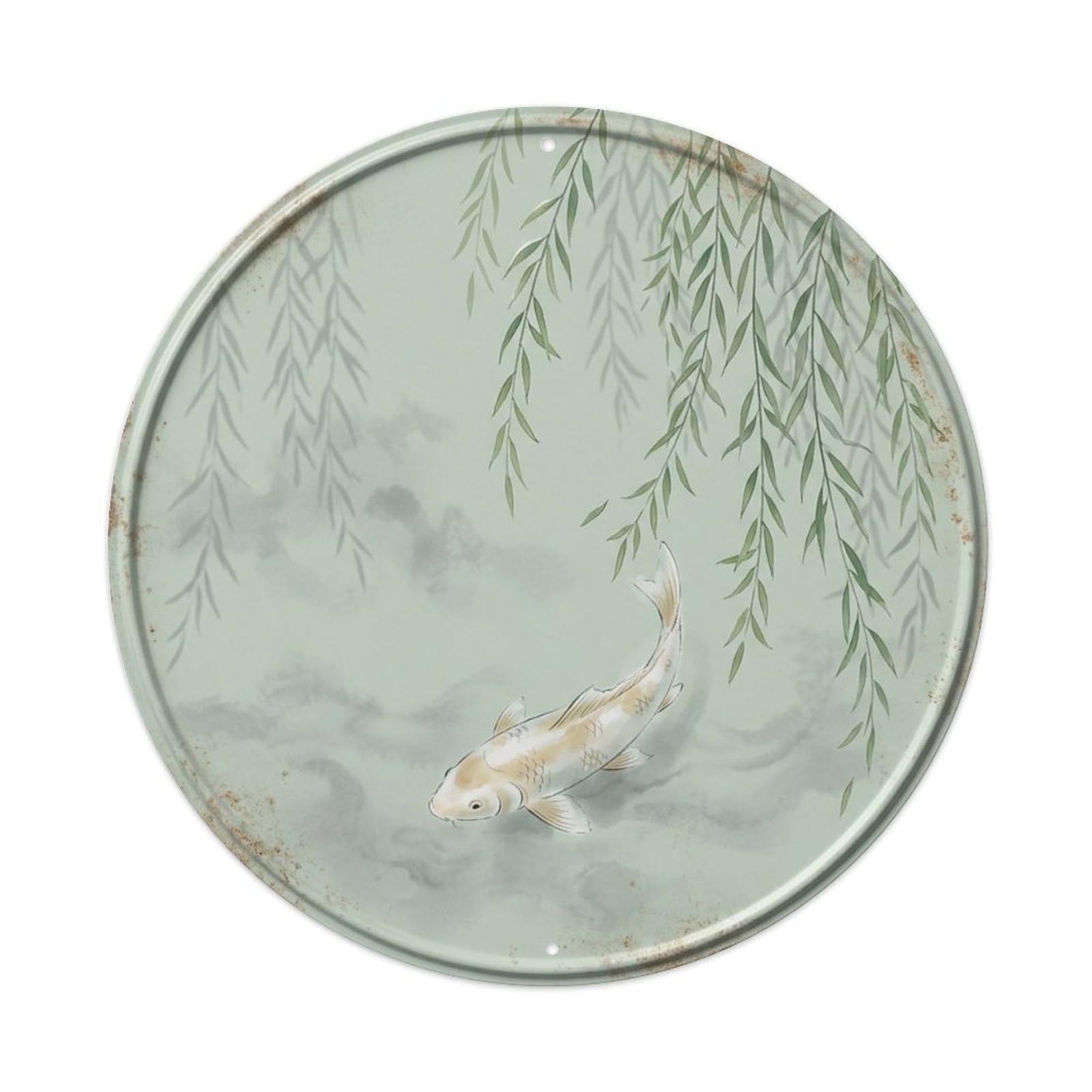 Japanese Koi Carp Willow Mist Morning Zen Water Garden Metal Tin Sign Plaque Wall Decor for Cafe, Man Cave, Club Bar, Office, Home Garden Round Metal Poster 8x8Inch