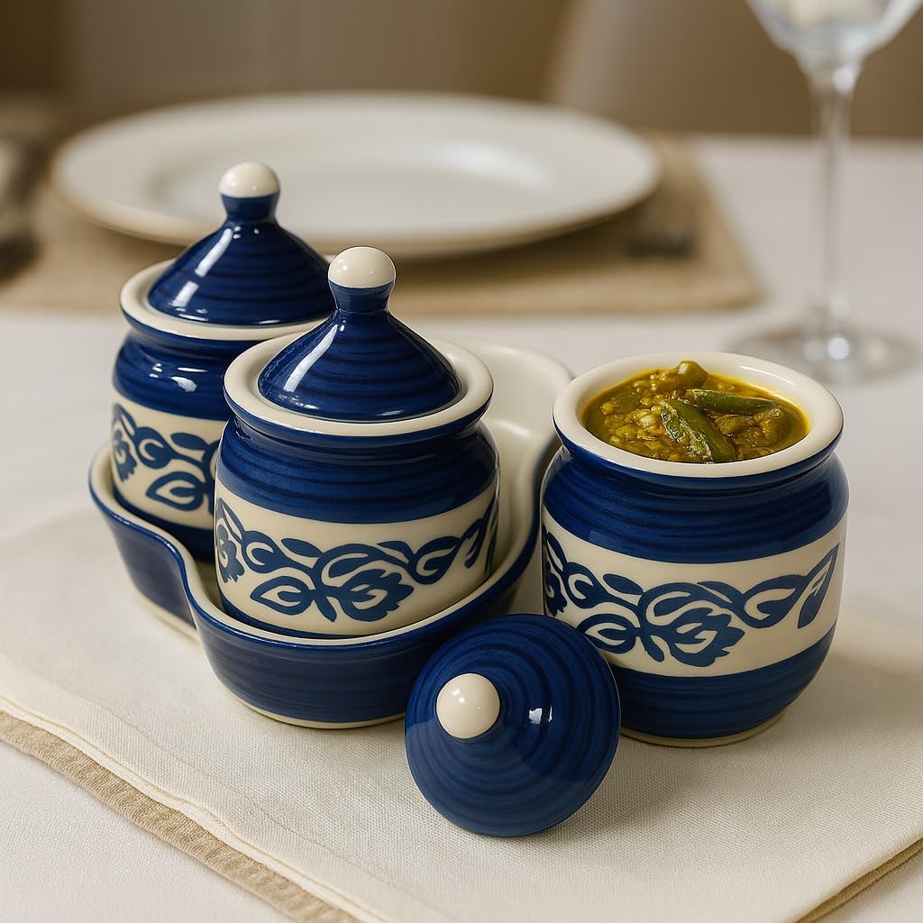 Buy Artysta 'Azure Mist' Set of 3 Blue Ceramic Pickle Jars for