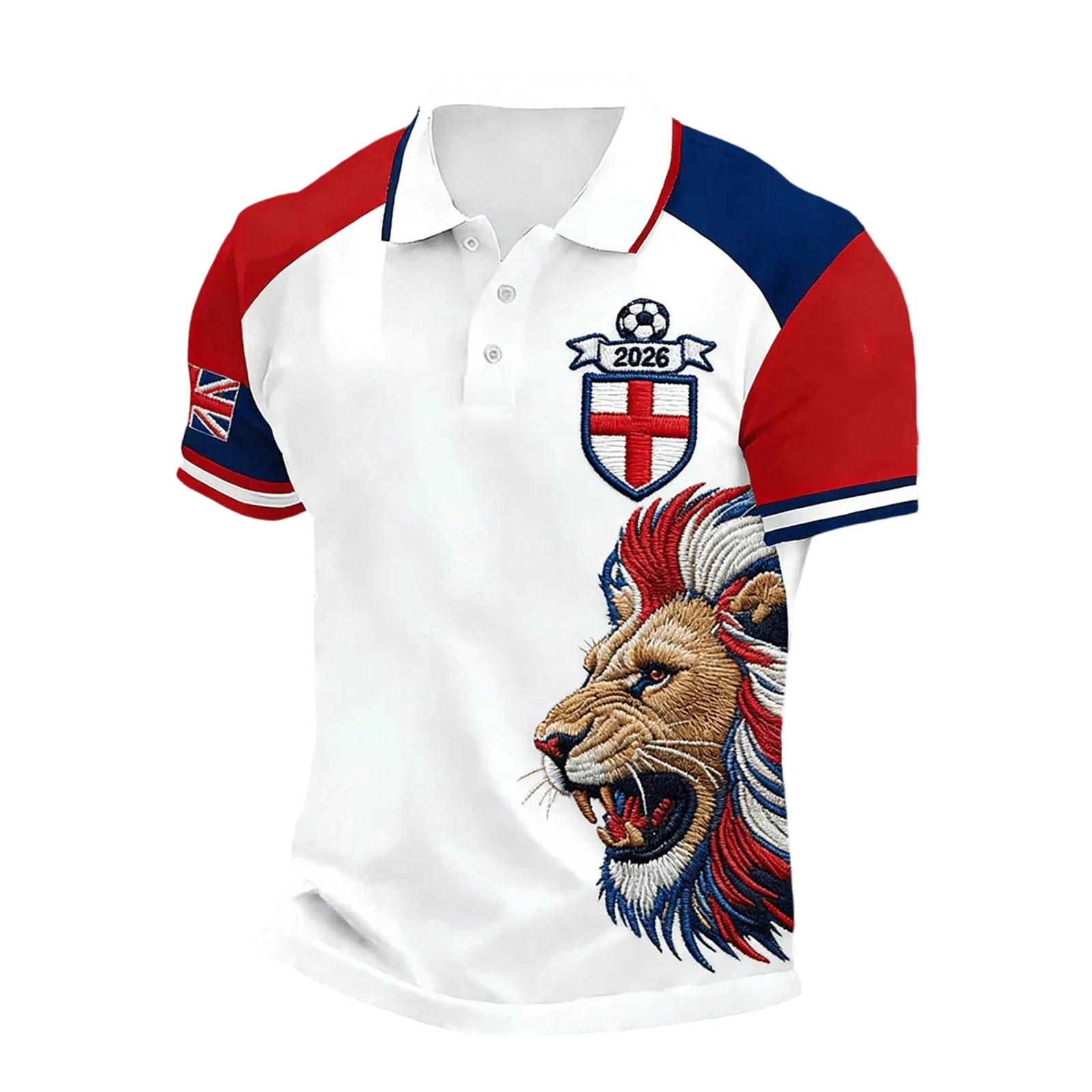 Men’s England Football Shirt 2026 with Lion Print Collared Short Sleeve Polo Shirt for Supporters of Football Casual National Flag Print Button Down Collar Top Outdoor Sports Shirts 11#White L